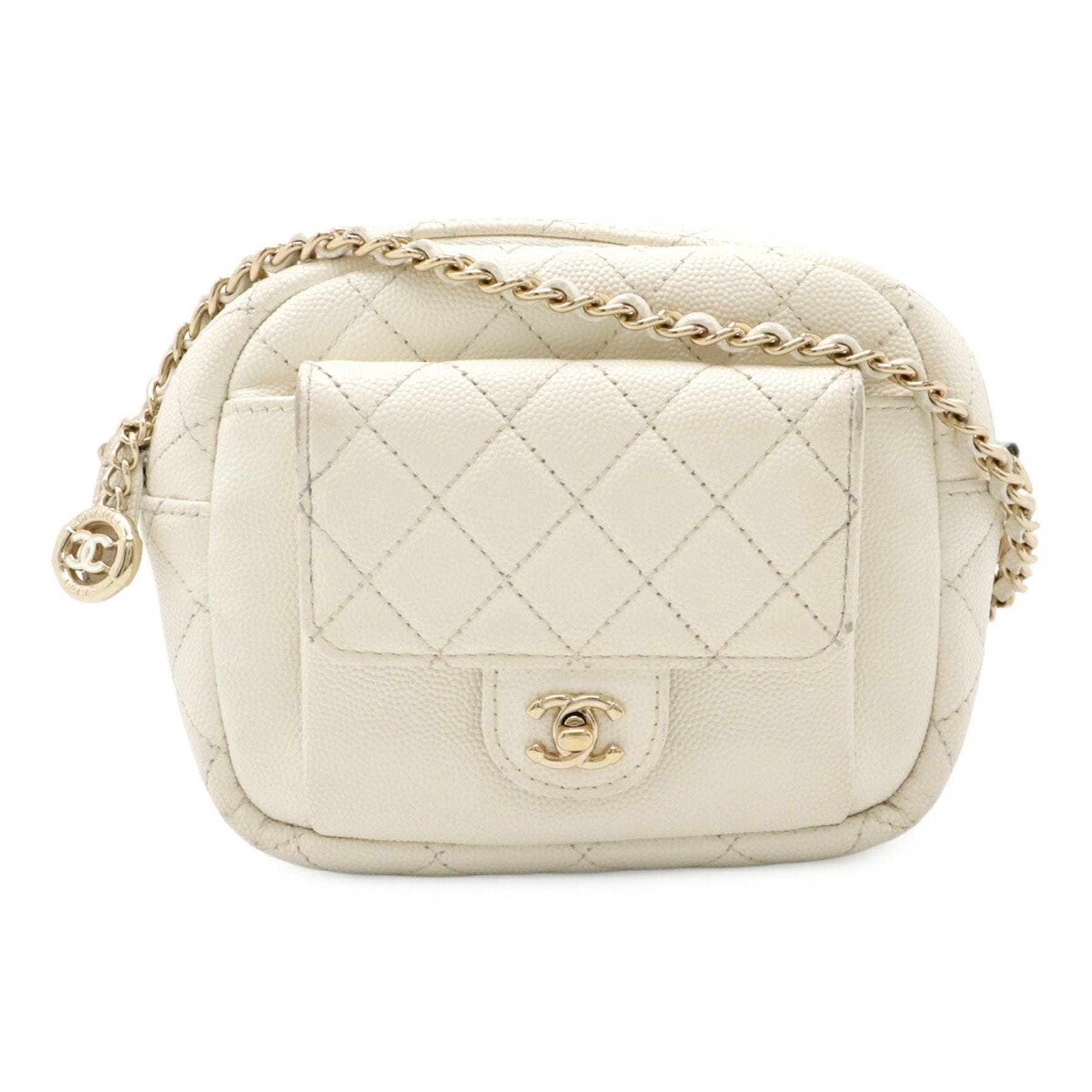 CHANEL Matelasse Coco Mark Chain Shoulder Bag Pochette Caviar Skin Ivory White