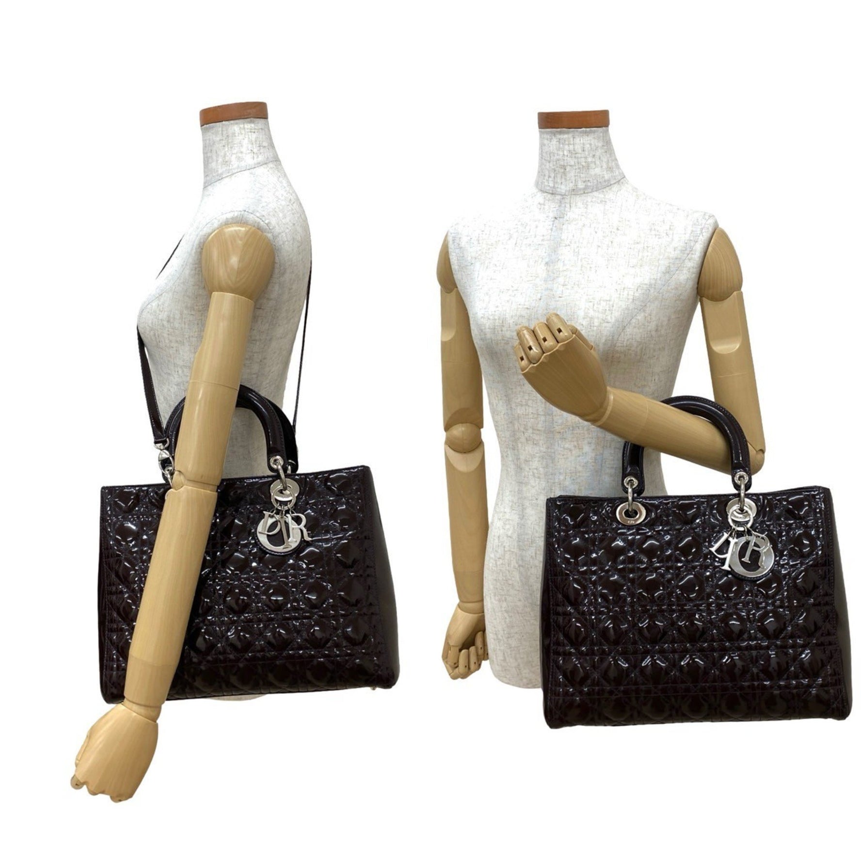 Christian Dior Lady Cannage Patent Leather 2-Way Handbag/Shoulder Bag, Brown