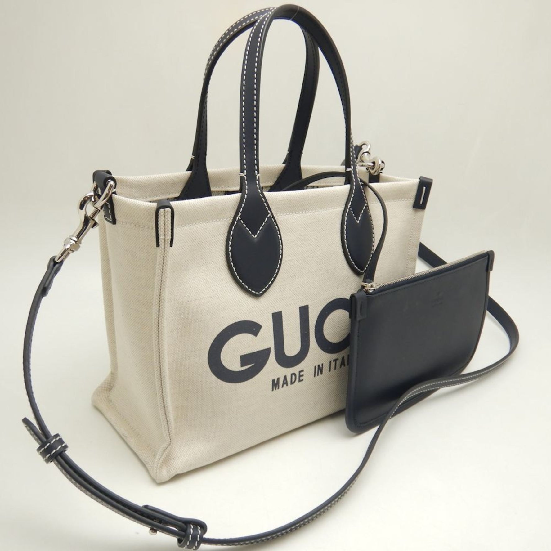 GUCCI Gucci Lido Tote Bag Printed Canvas Beige Navy