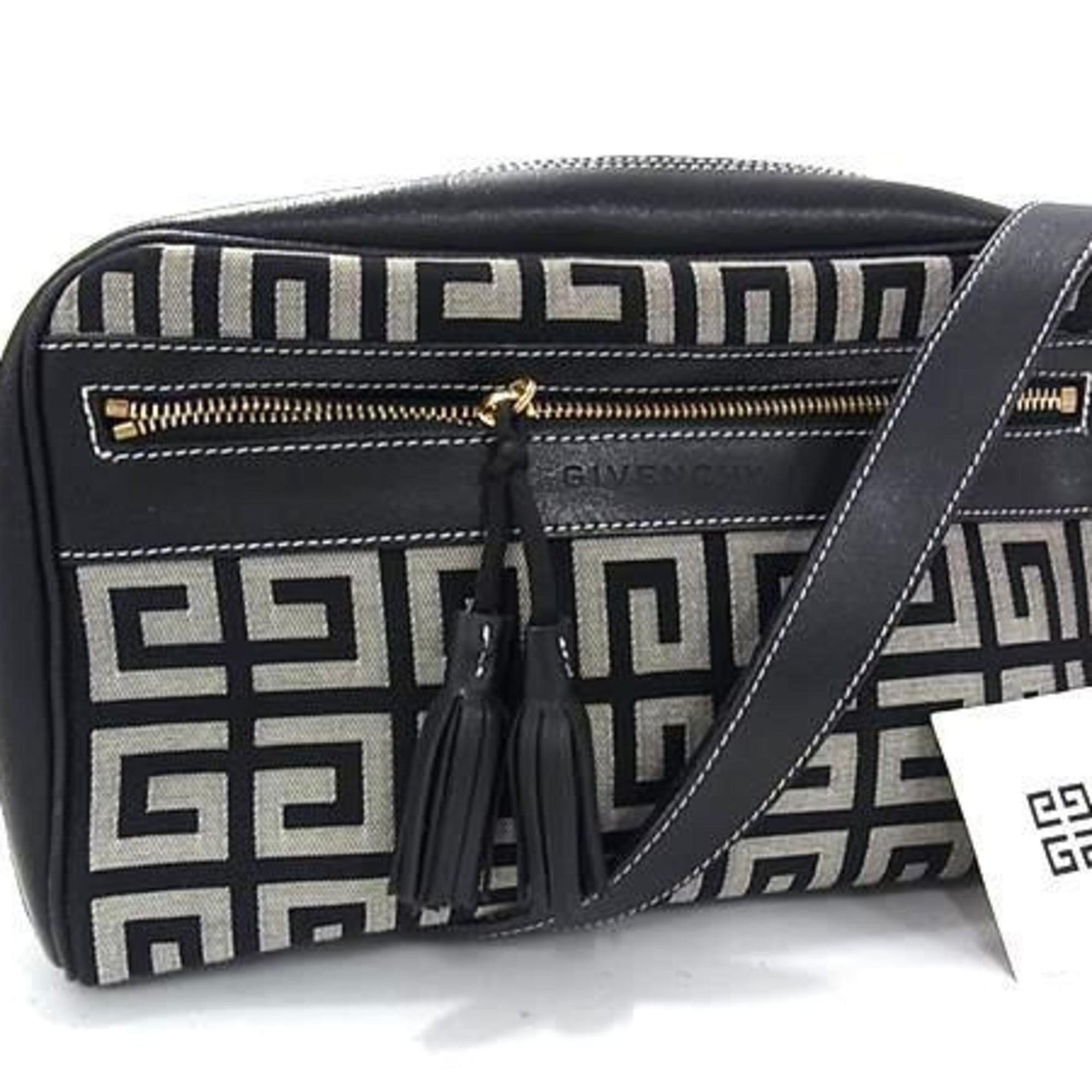 GIVENCHY Shoulder Bag in Black and Gray Canvas Leather with Patterned Tassel