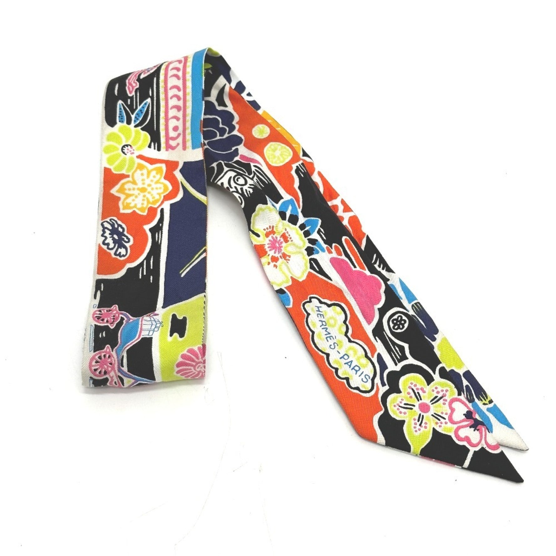 HERMES Flower Bingata Twilly Scarf/Muffler, Silk, Black, Multicolor