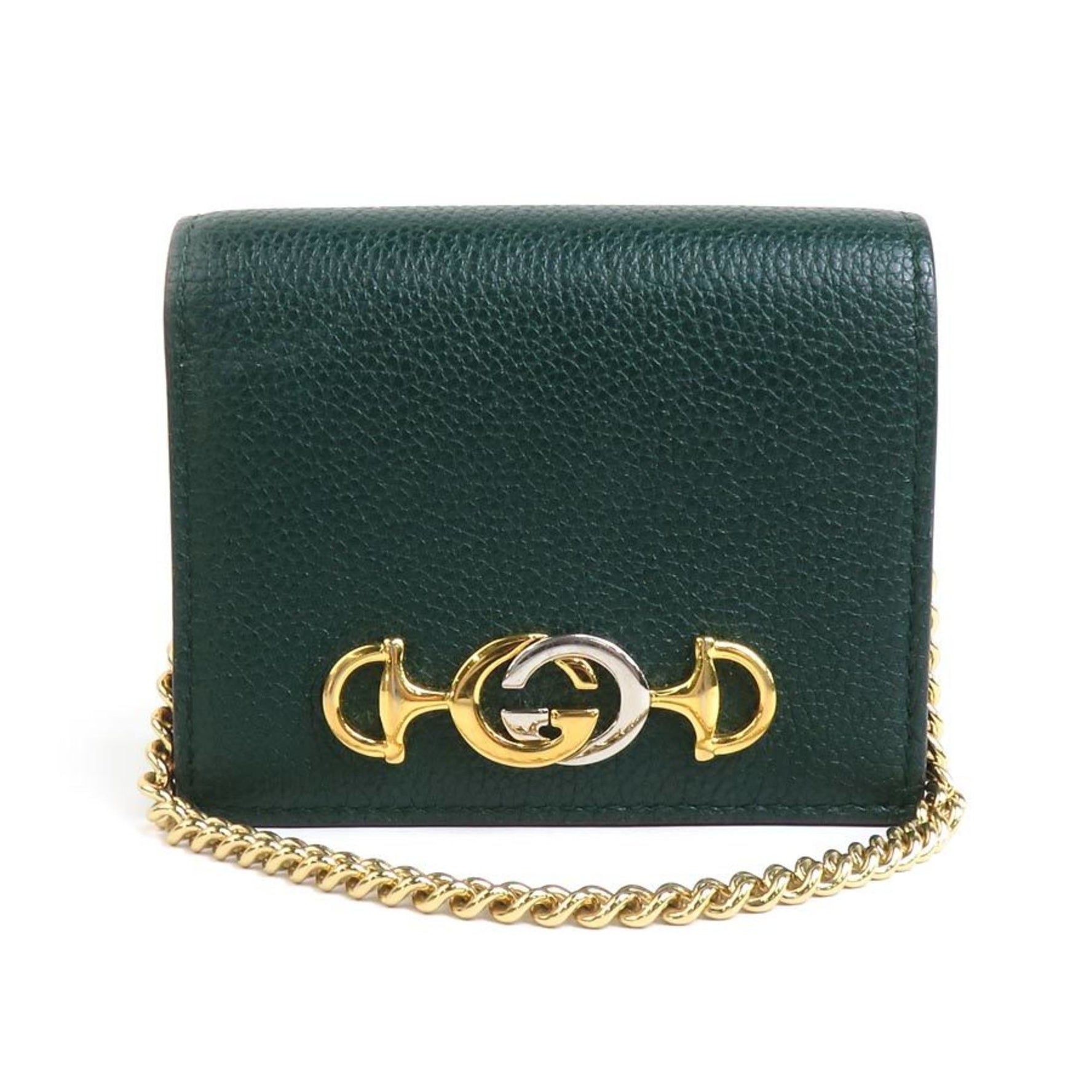 GUCCI Bi-fold wallet Chain Leather Metal Dark green Gold Silver
