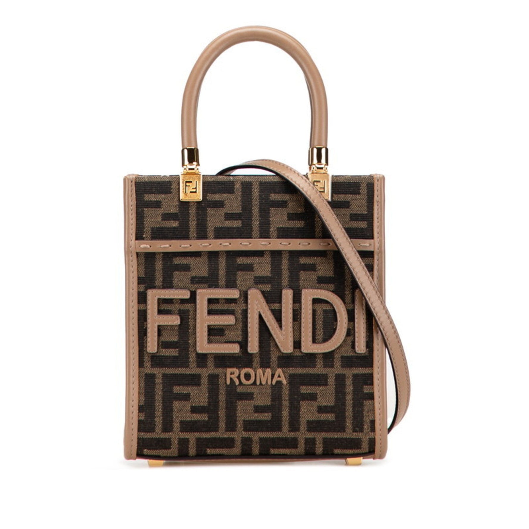 Fendi Zucca FF Fabric Sunshine Shopper Small Handbag/Shoulder Bag Beige Brown Canvas Leather