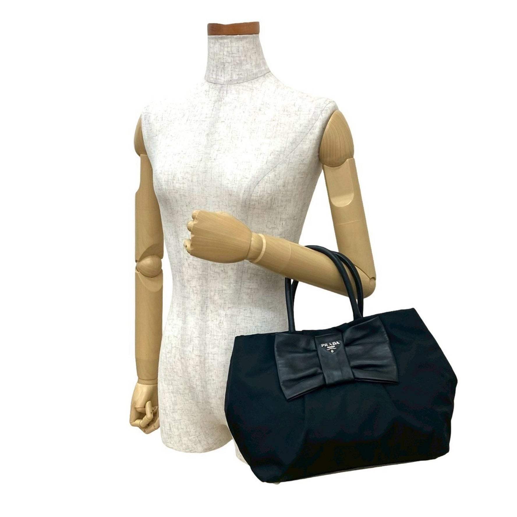 PRADA logo hardware nylon and leather ribbon motif handbag tote bag in