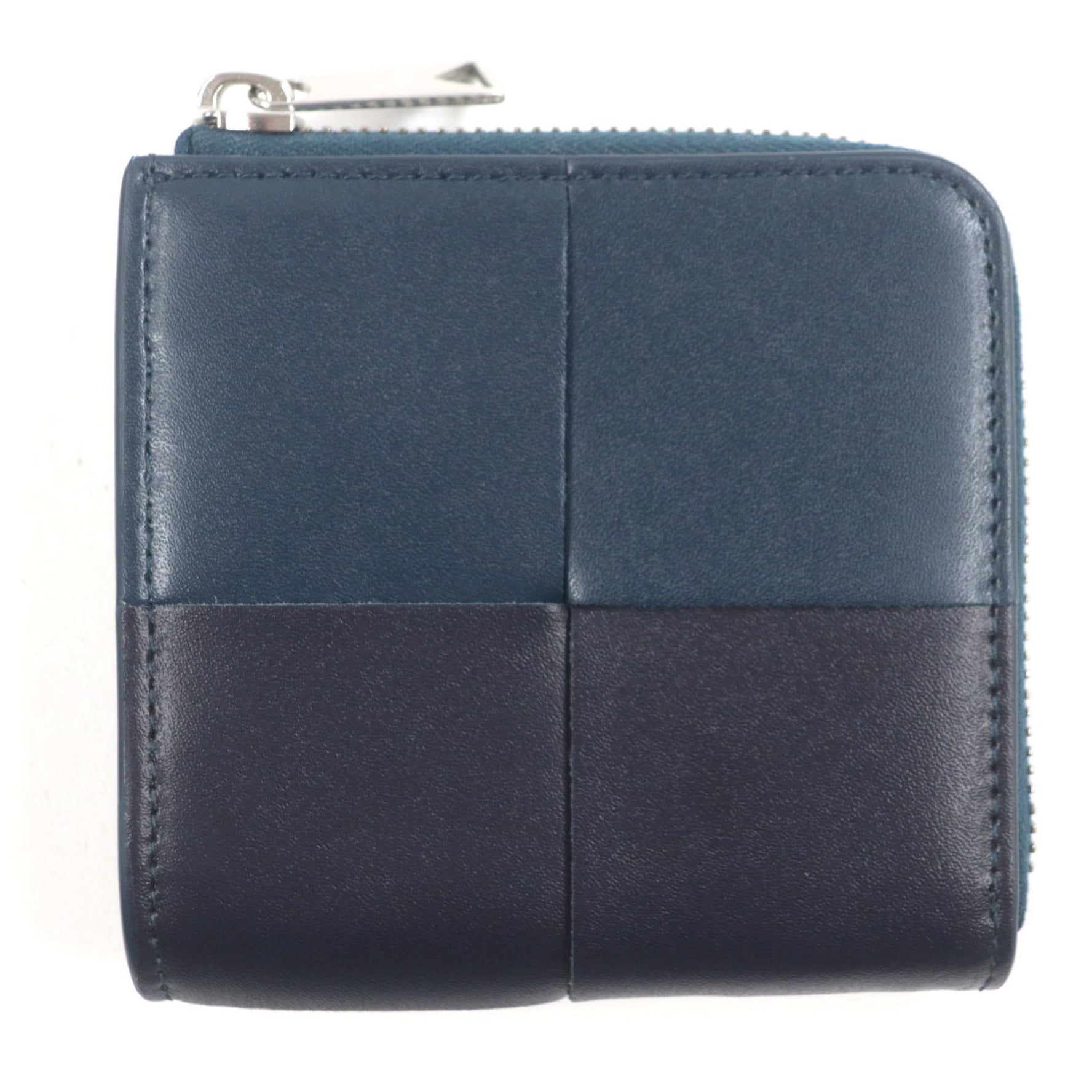 BOTTEGA VENETA Japan-exclusive Cassette Square Compact Zip Around Leather Wallet, Two-tone, Navy and Black, Silver Hardware, Box Dust Bag Included, Made in Italy