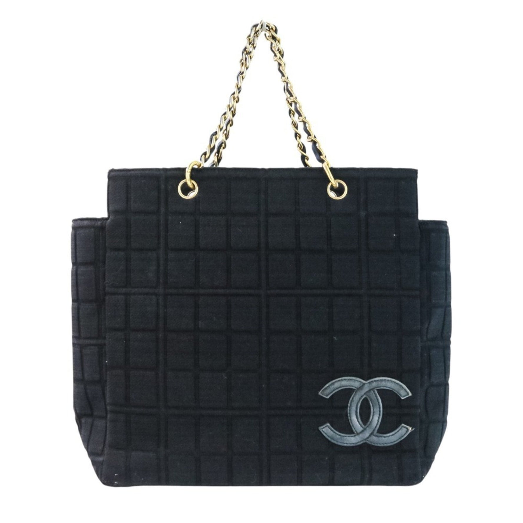 CHANEL Cotton Jersey Chocolate Bar Chain Handbag Tote Bag in and Gold
