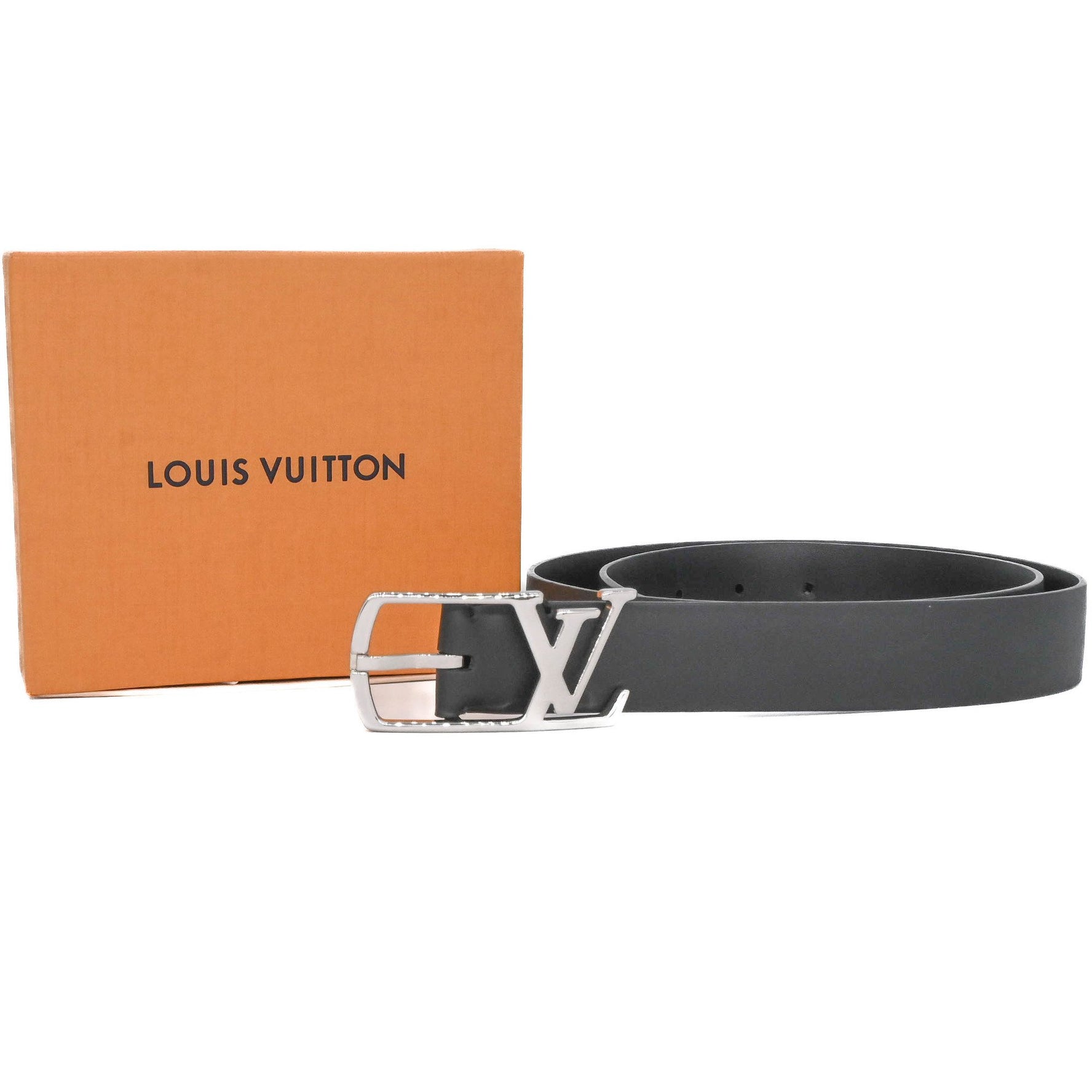 LOUIS VUITTON M6058 Santur Neogram Leather Belt, Black, Men's, #90 LV