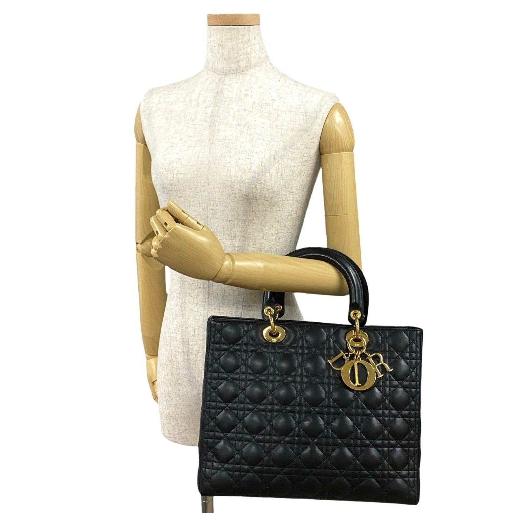 Christian Dior Lady Cannage Stitch Leather Handbag/Mini Tote Bag, Black