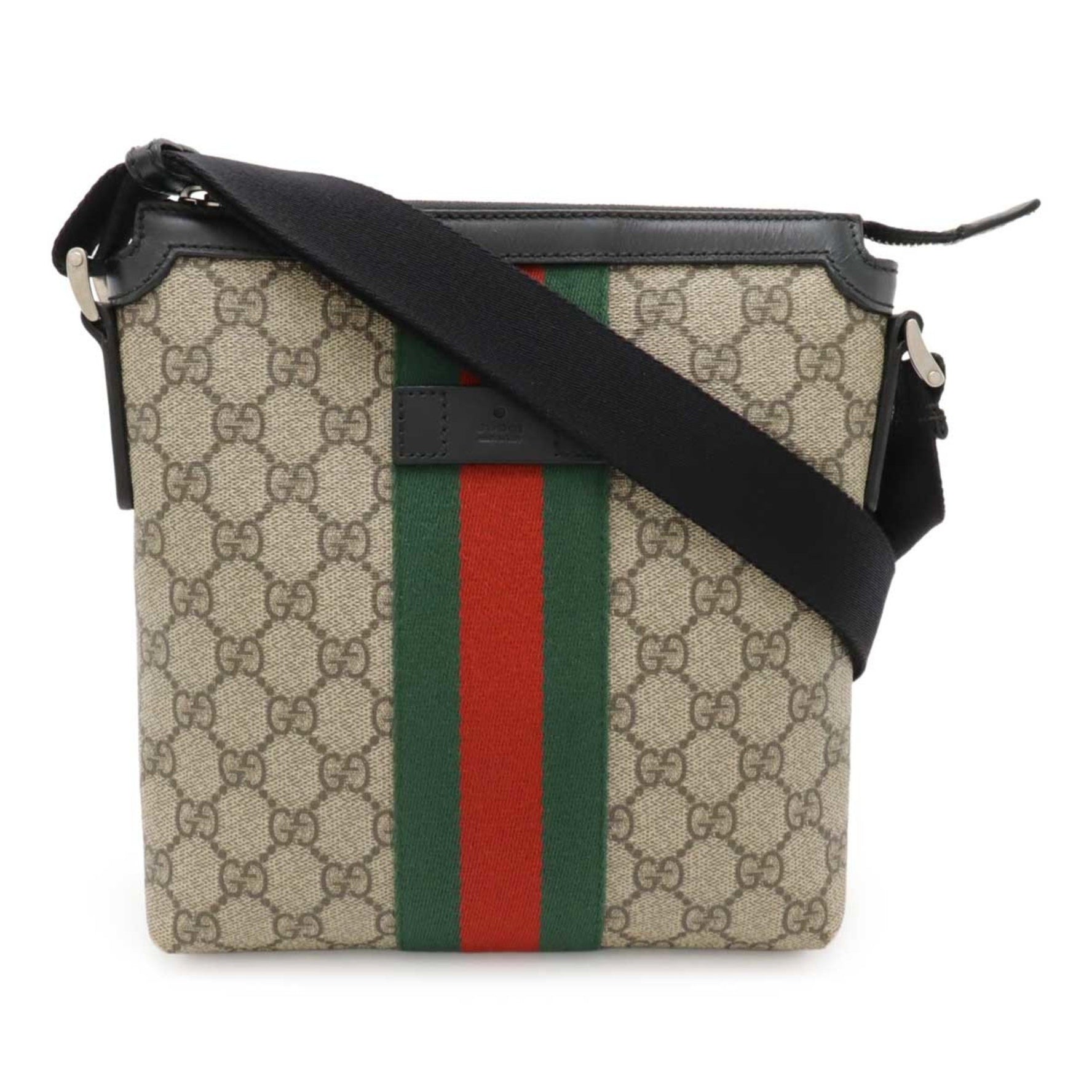 GUCCI GG Supreme Sherry Line Web Flat Shoulder Bag PVC Beige Black