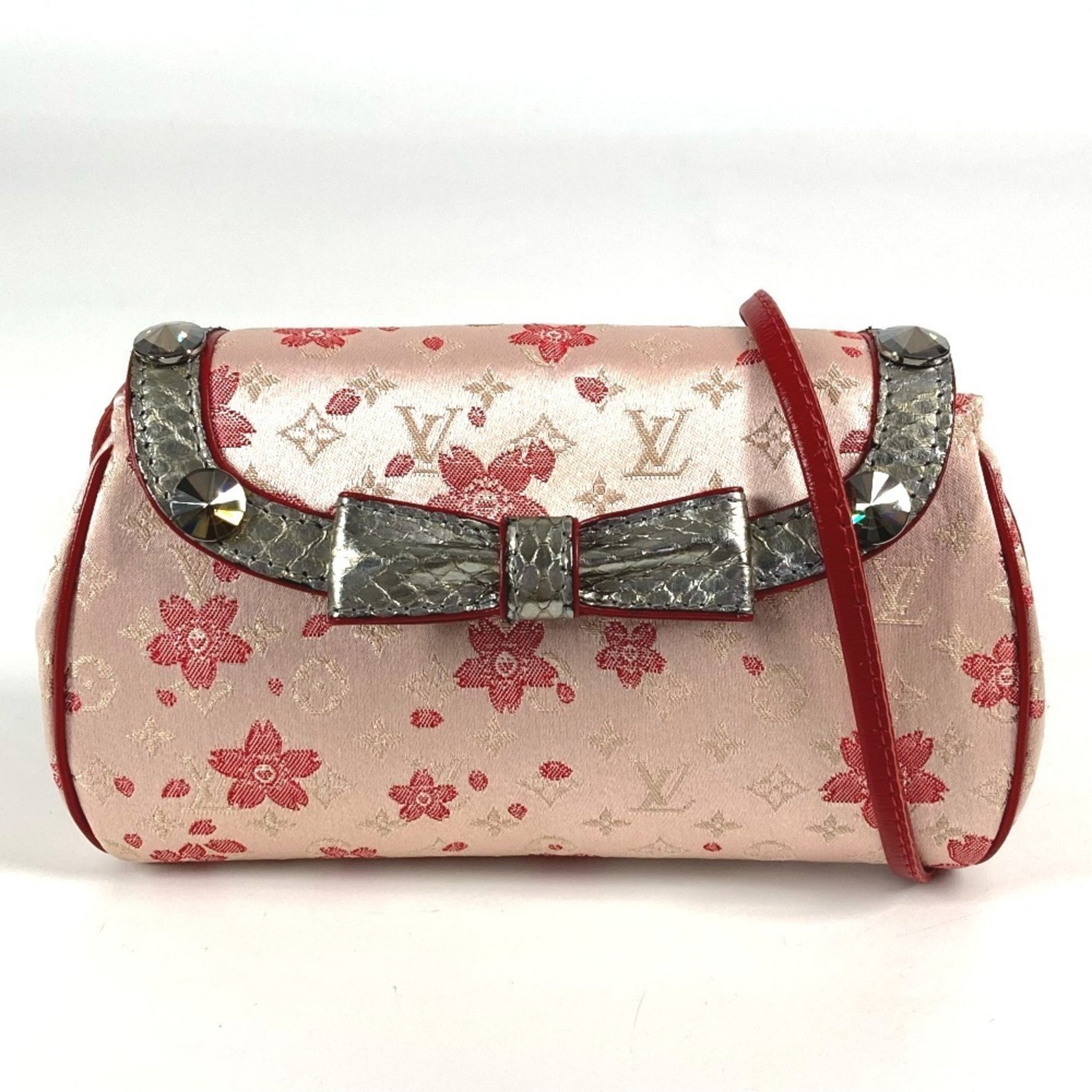 LOUIS VUITTON Monogram Satin Cherry Blossom Griotte Pochette Flap Rhinestone Shoulder Bag in Pink