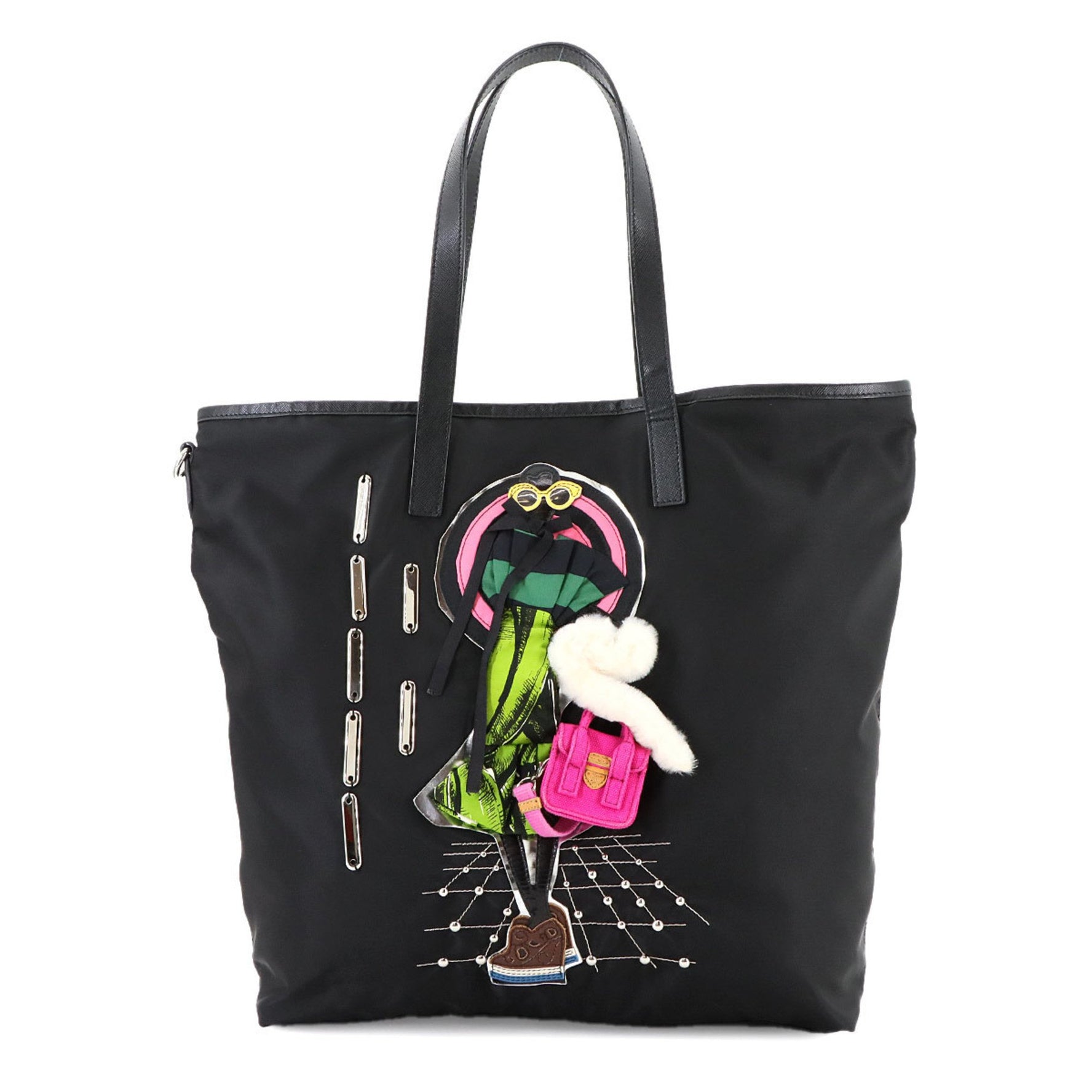 Prada Robot Nylon Tote Bag in Saffiano Leather with Girl Motif Black and Silver Hardware