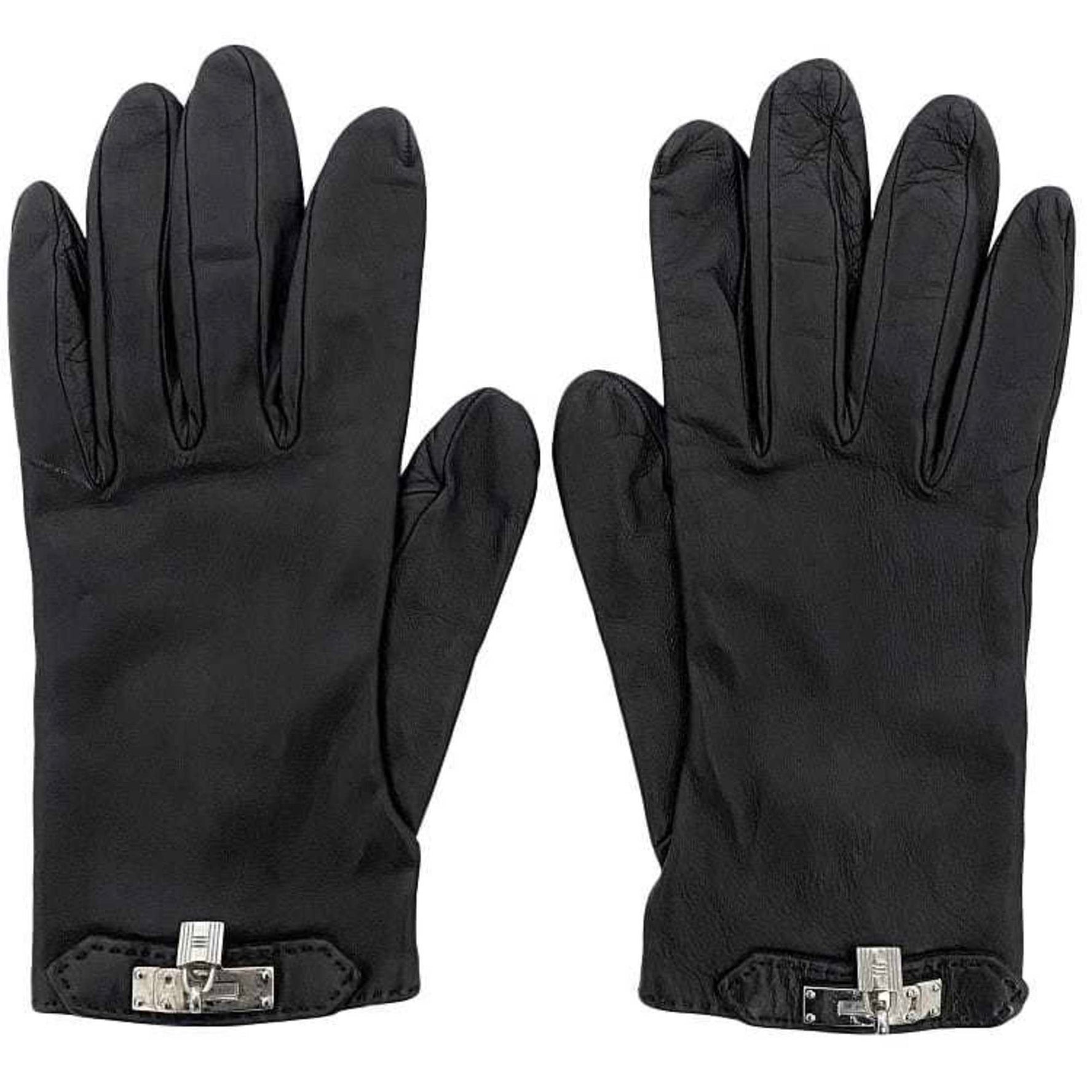 Hermes Gloves ec-22416 Black Kelly Leather HERMES Key Women Men Padlock Motif Charm Genuine Accessory