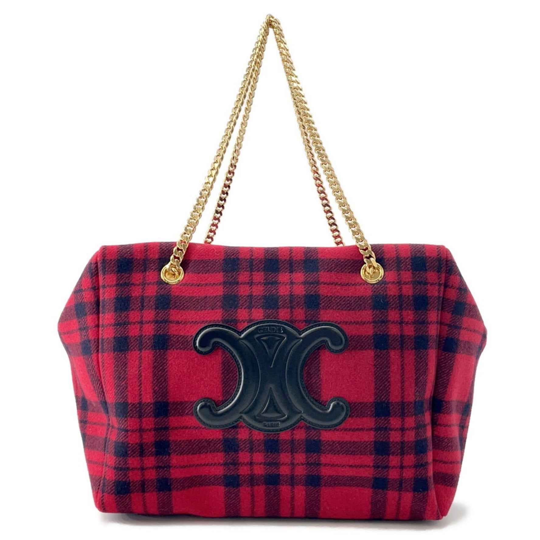 Celine Triomphe Large Pliage Chain Tote Bag in Checked Wool