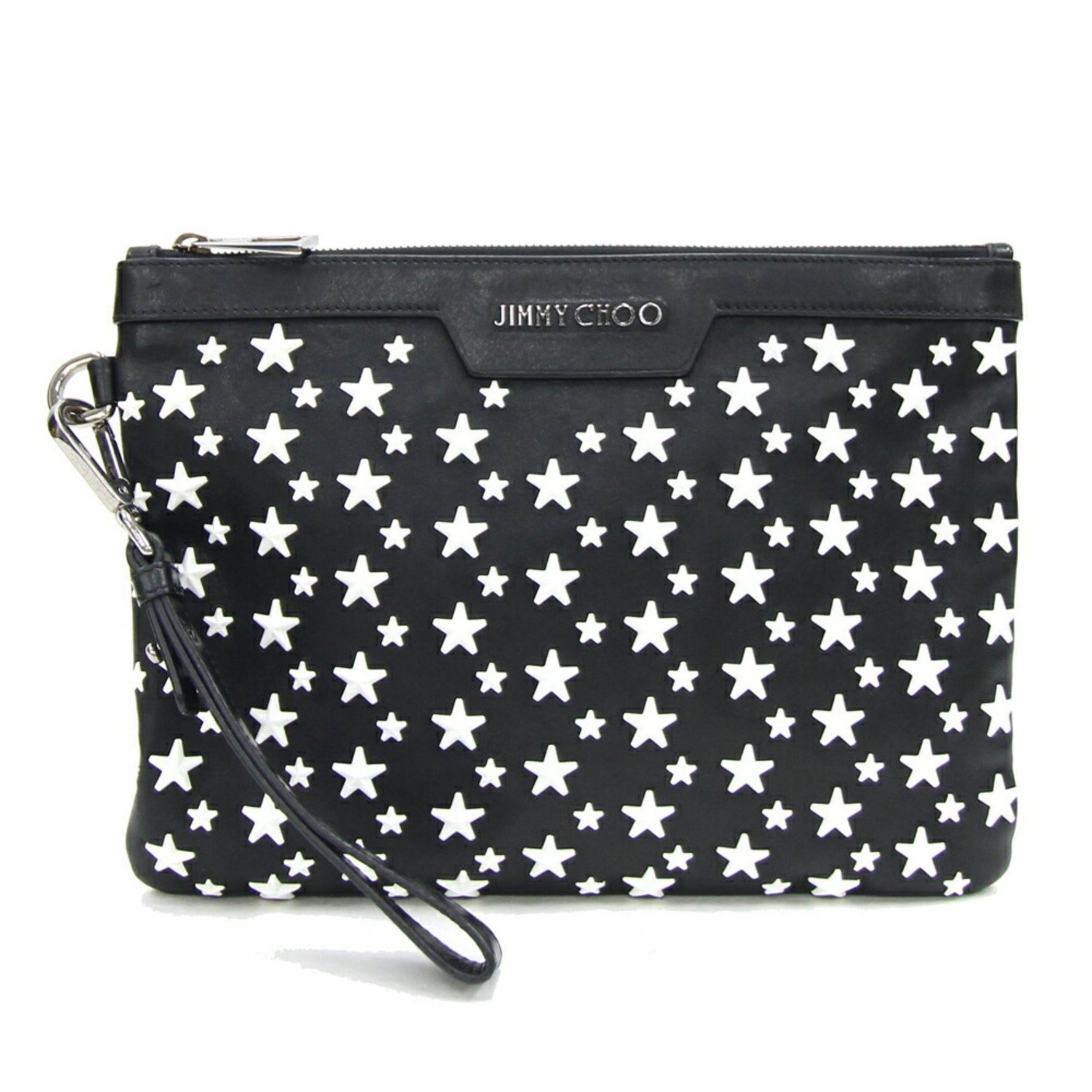 Jimmy Choo Clutch Bag Star Studs Derek Black White Leather Strap Pouch Men's