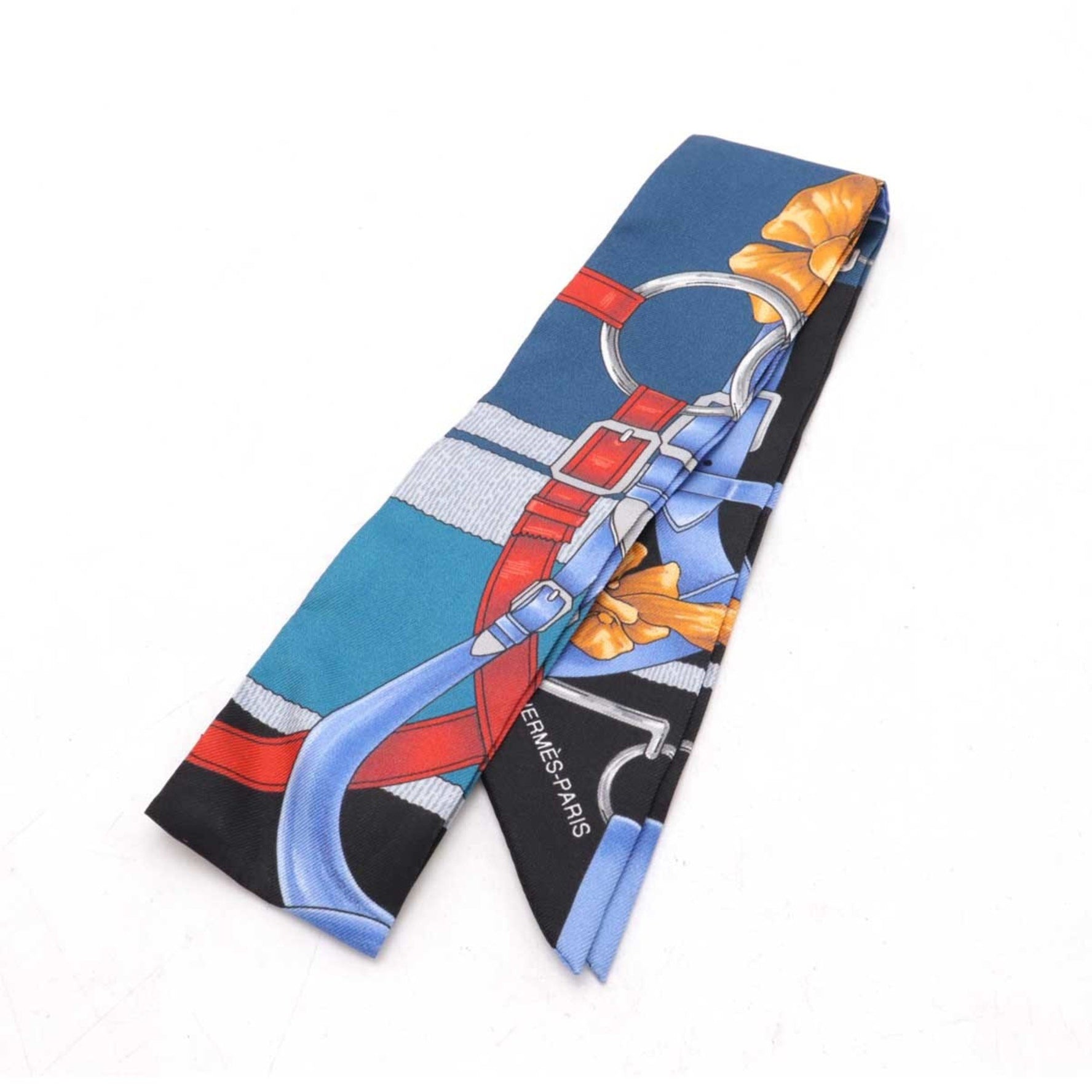 HERMES TWELL Scarf Muffler Bag Horse Harness Pattern 100% Silk Blue Multicolor