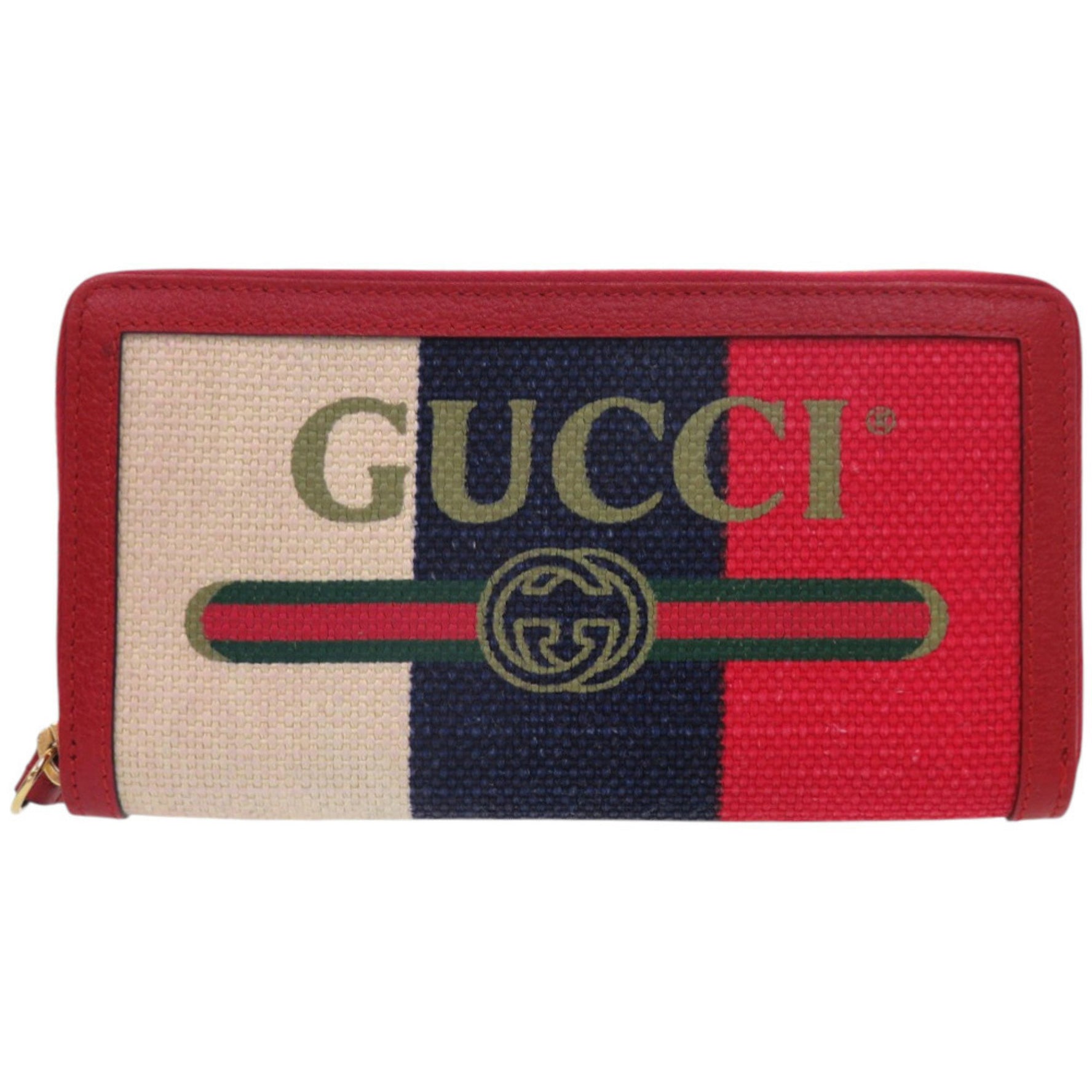 Gucci Tricolor Print Zip-Around Wallet Canvas Leather Red Long 0829