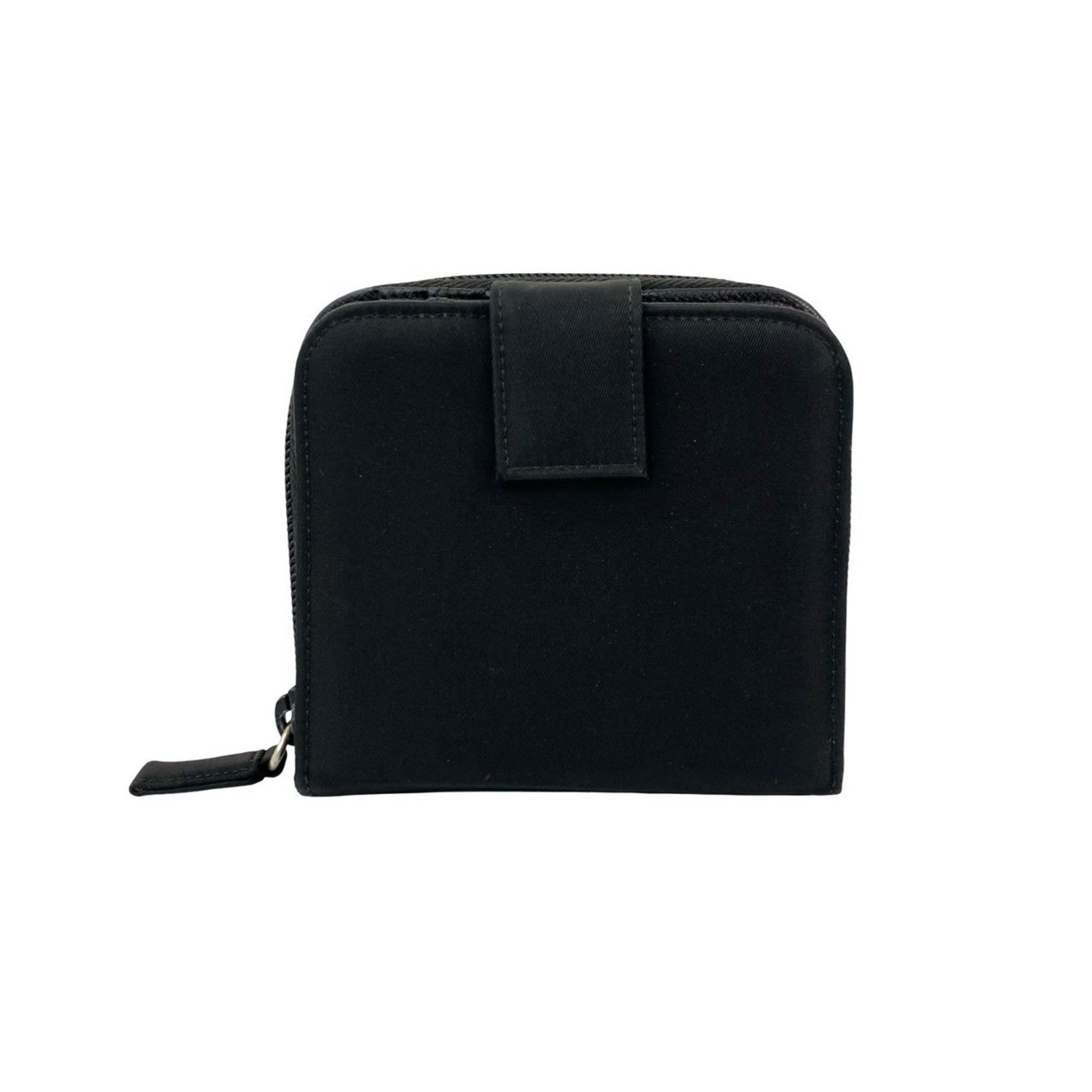 PRADA Triangle Logo Hardware Nylon Saffiano Leather Round Zip Bi-fold Wallet Mini