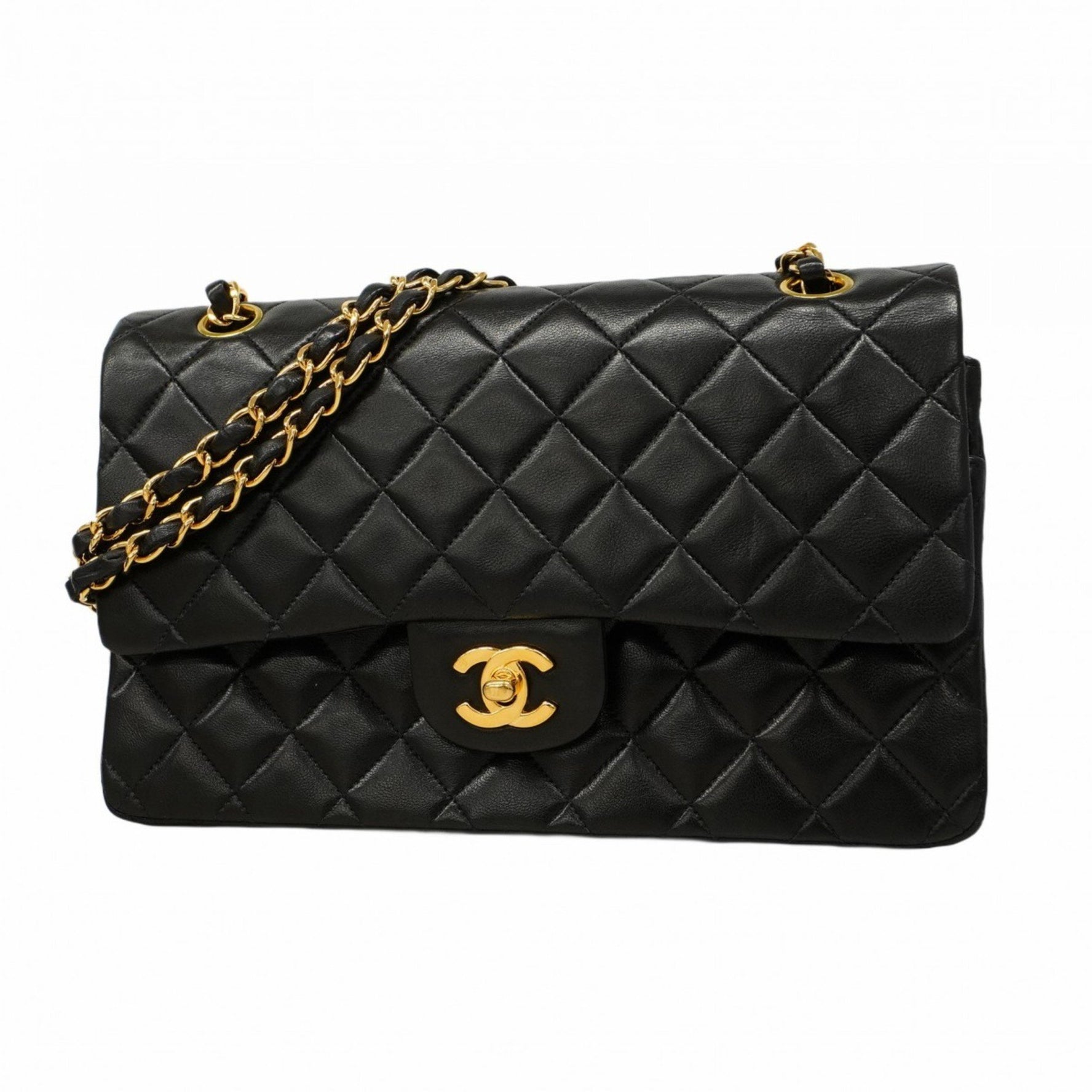 Chanel Matelasse Shoulder Bag with Double Flap and Chain, Lambskin, Black, Women's