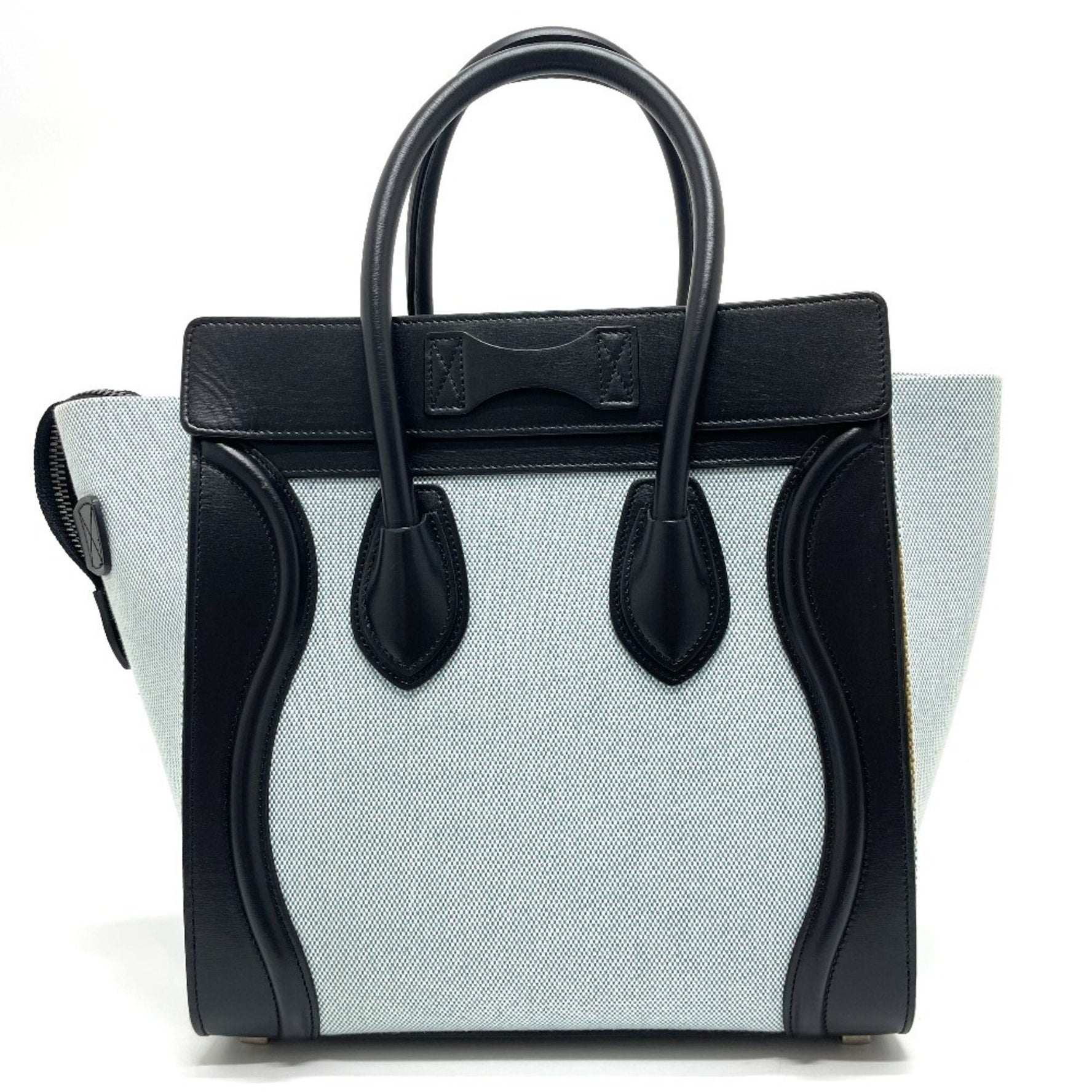 CELINE Luggage Micro Shopper Tote Bag, Leather/Canvas, Aqua Blue/Black