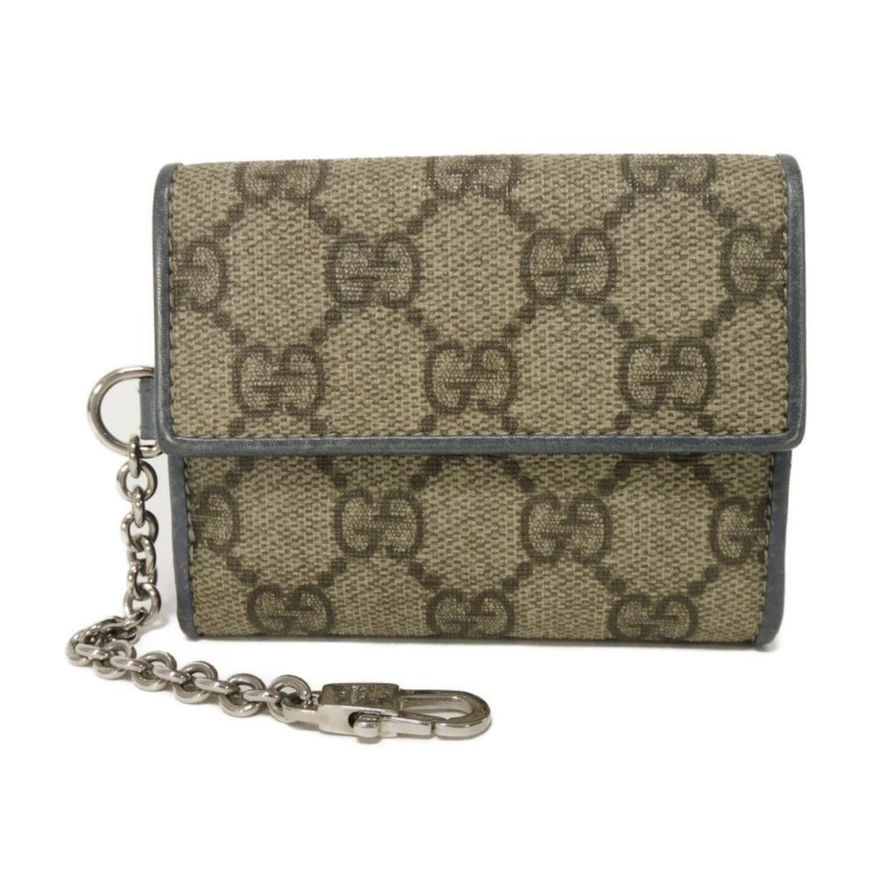 Gucci GG Supreme Mini Tri-fold Wallet with Key Ring Chain, Blue-Gray, Compact Wallet, Double G, Men's and