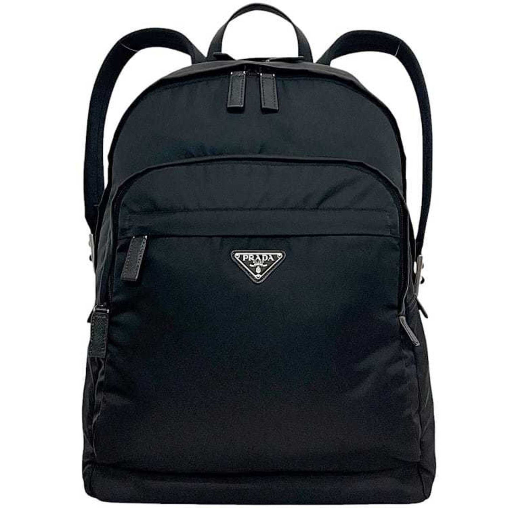 Prada Backpack Black NERO Tessuto Unused Nylon Saffiano Leather 158 with Triangular Plate