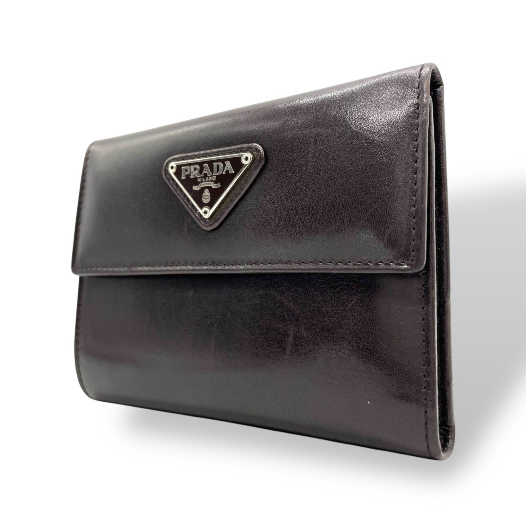 PRADA Prada Tri-fold Wallet, Compact Triangle Logo, Brown/Dark Brown Leather, Silver Hardware, Men's/Women's, M5