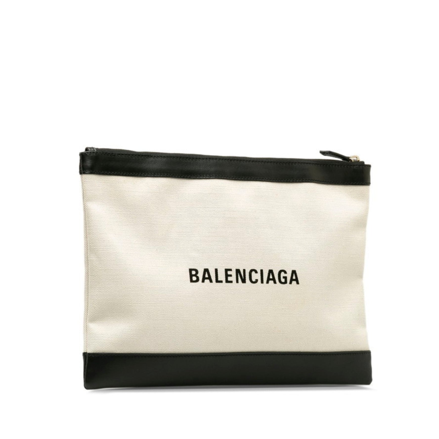 Balenciaga Clutch Bag Beige Black Canvas Leather