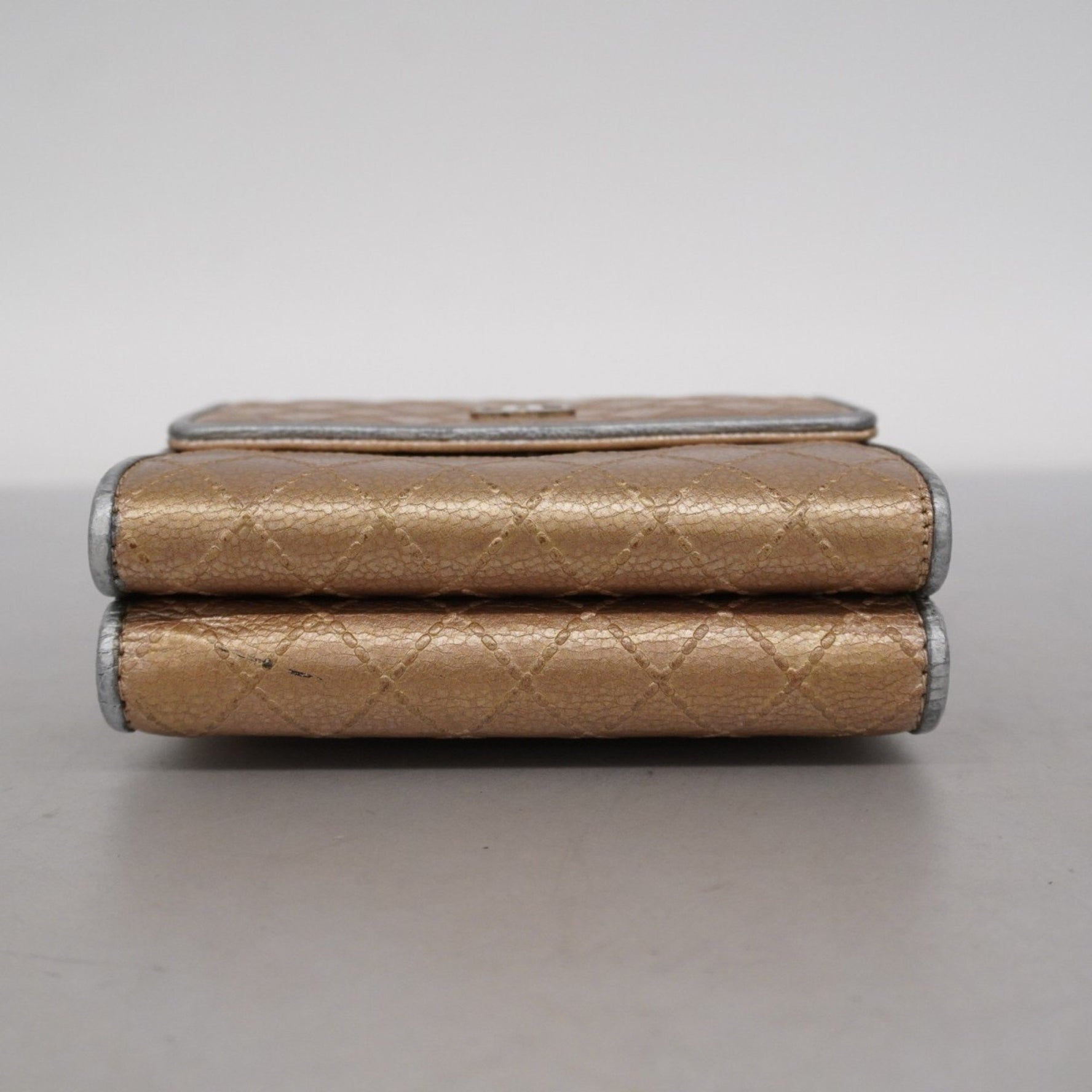 Chanel Tri-fold Wallet Bicolor Leather Beige Gray