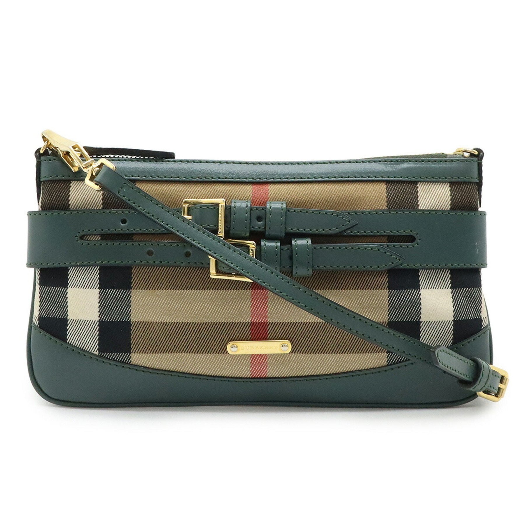 BURBERRY Burberry House Check Pattern Shoulder Bag Pochette Clutch Canvas Leather Beige Green