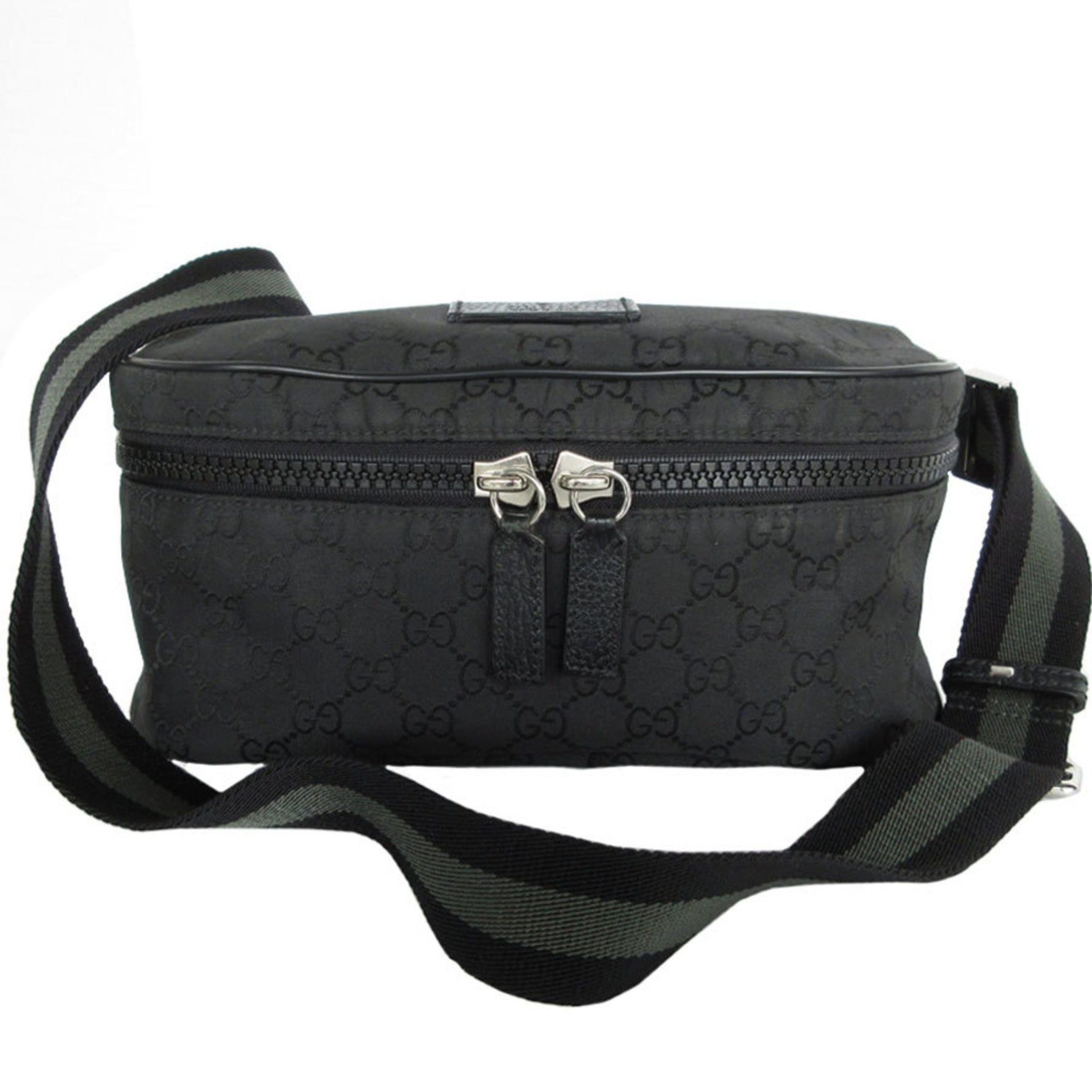 GUCCI Body Bag Nylon Canvas Black Khaki Silver