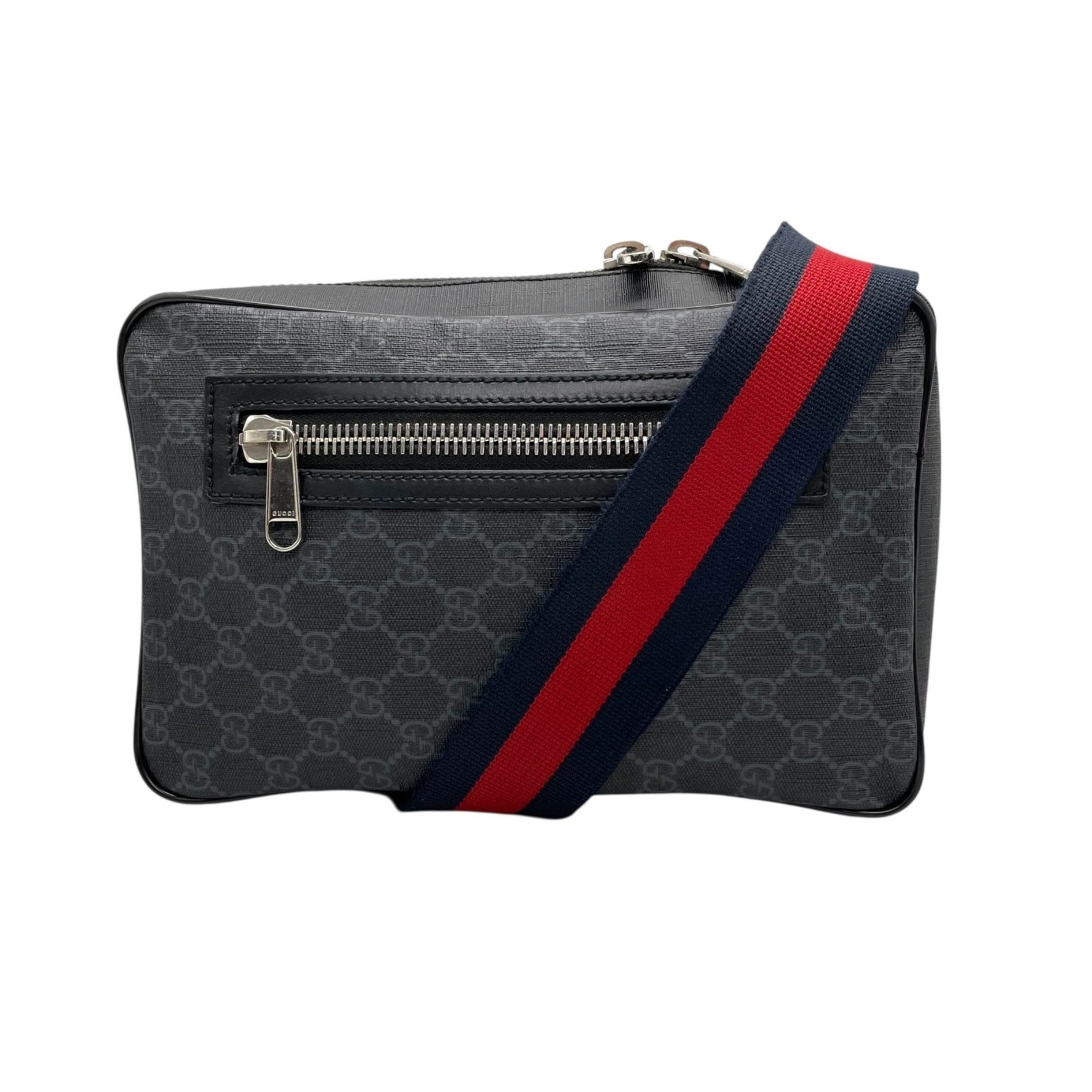 GUCCI GG Supreme Body Bag, Shoulder Waist Black/Navy Leather with Pattern and Silver Hardware, 478325, Men's, Z1