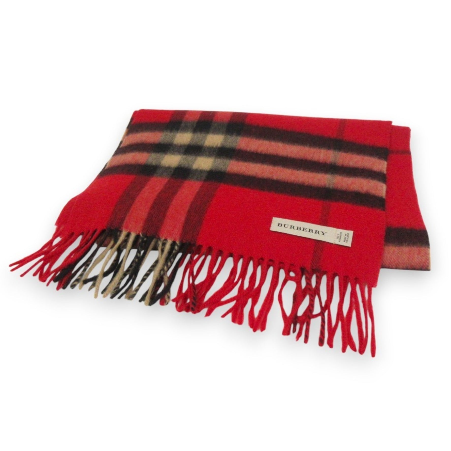 BURBERRY 100% Cashmere Check Pattern Fringe Scarf Stole Red