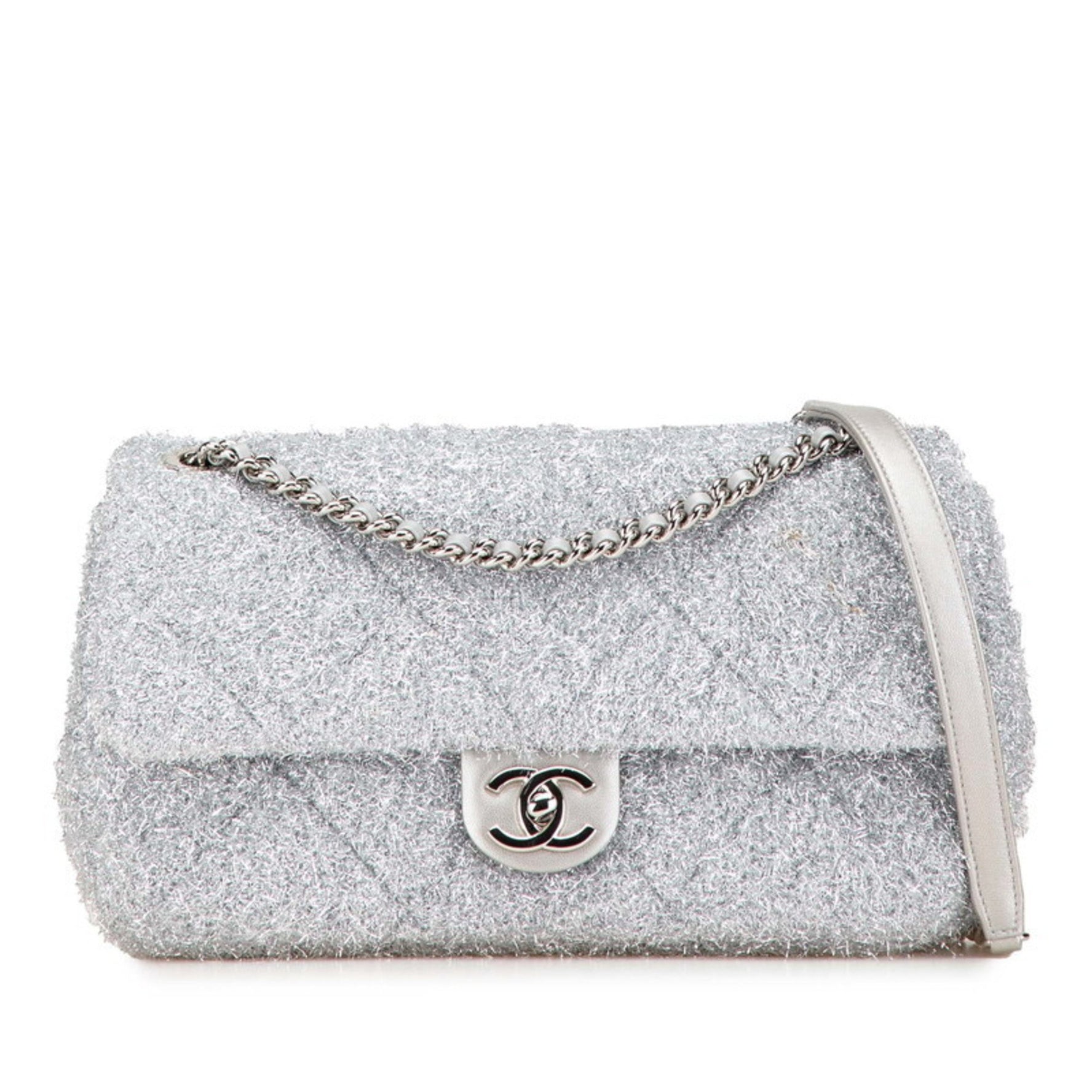 Chanel Pour Tou Glitter Chain Shoulder Bag Silver Microfiber Lambskin