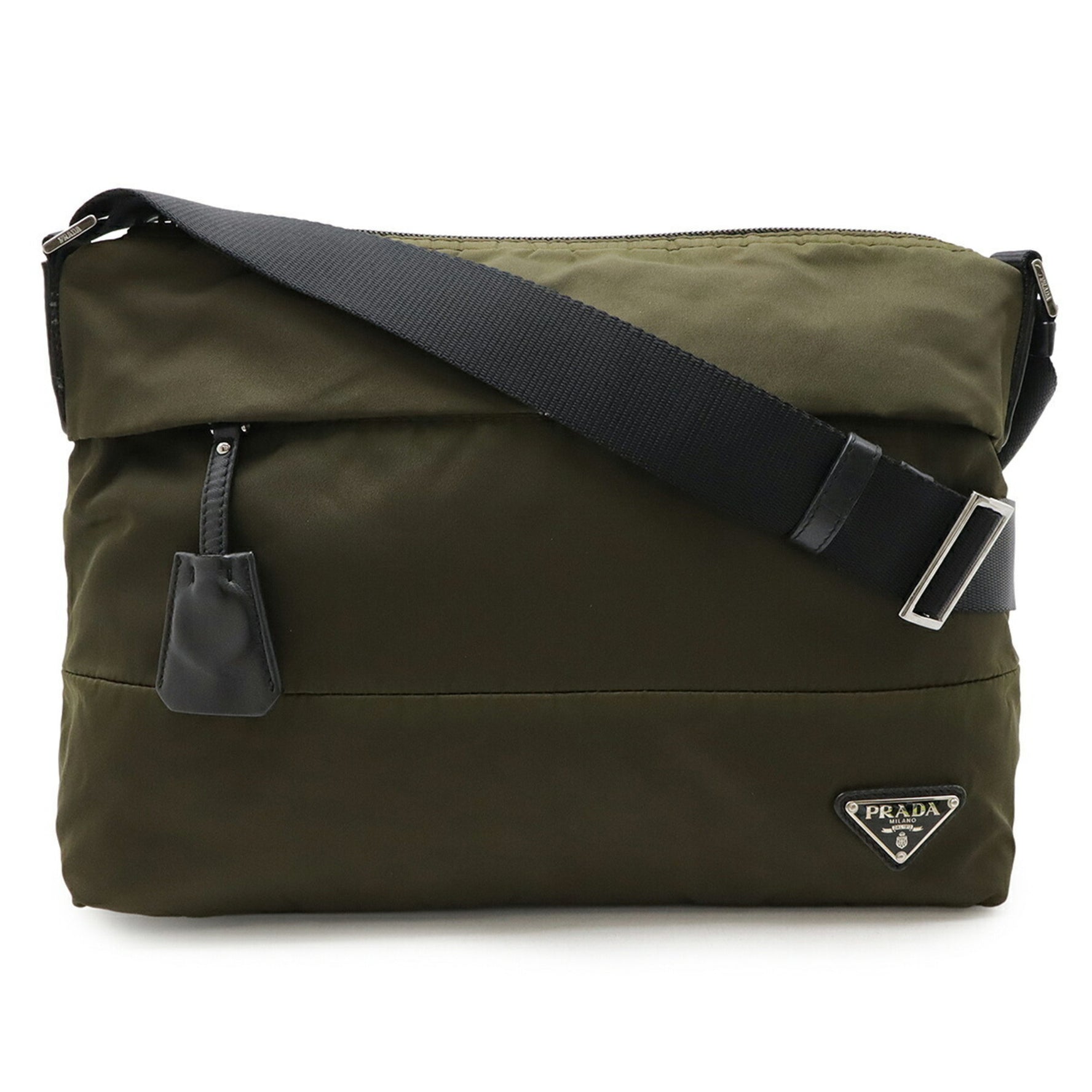 PRADA Triangle Shoulder Bag, Nylon and Leather, Khaki Green Black, BT0740