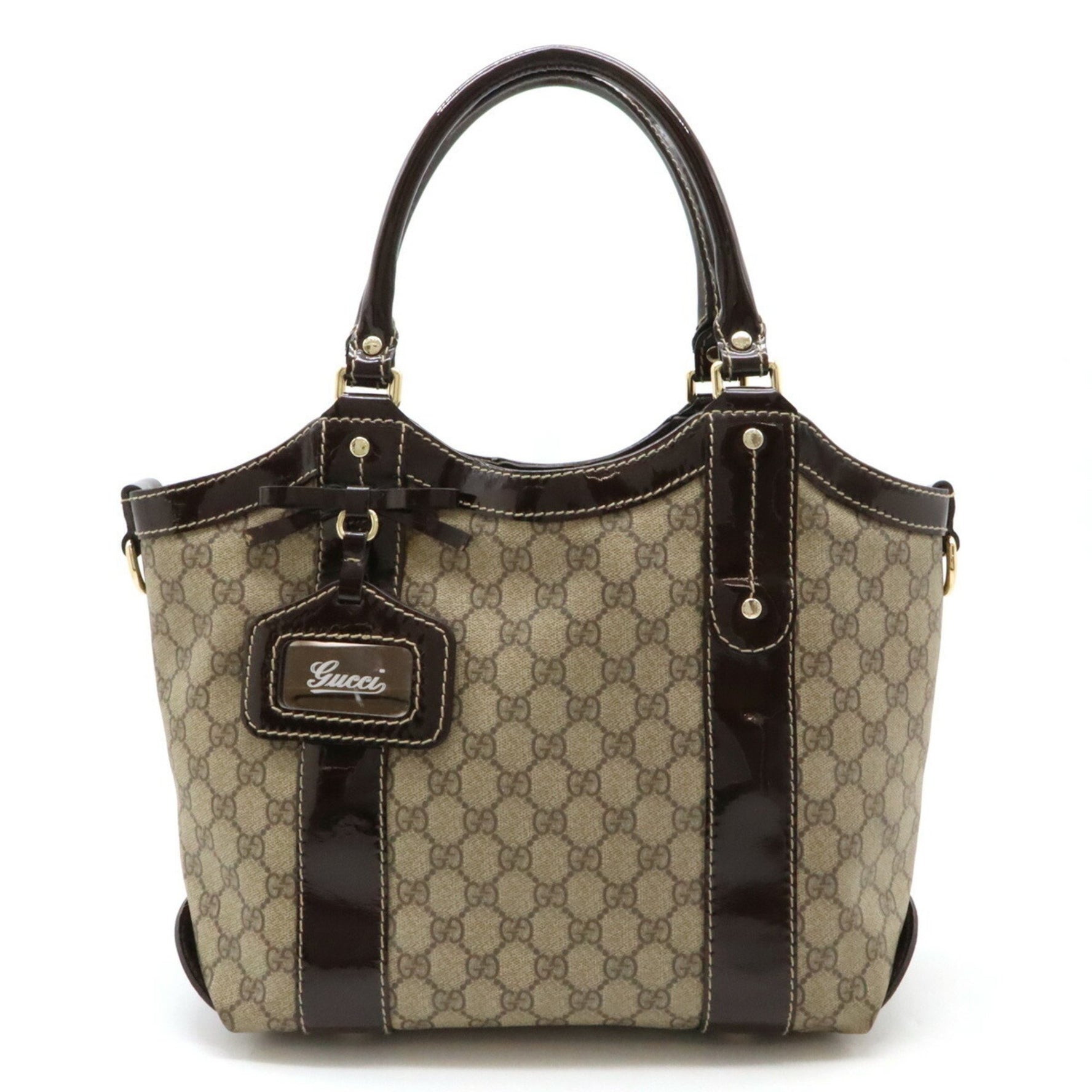 GUCCI GG Supreme Ribbon Tote Bag Shoulder PVC Patent Leather Khaki Beige Dark Brown
