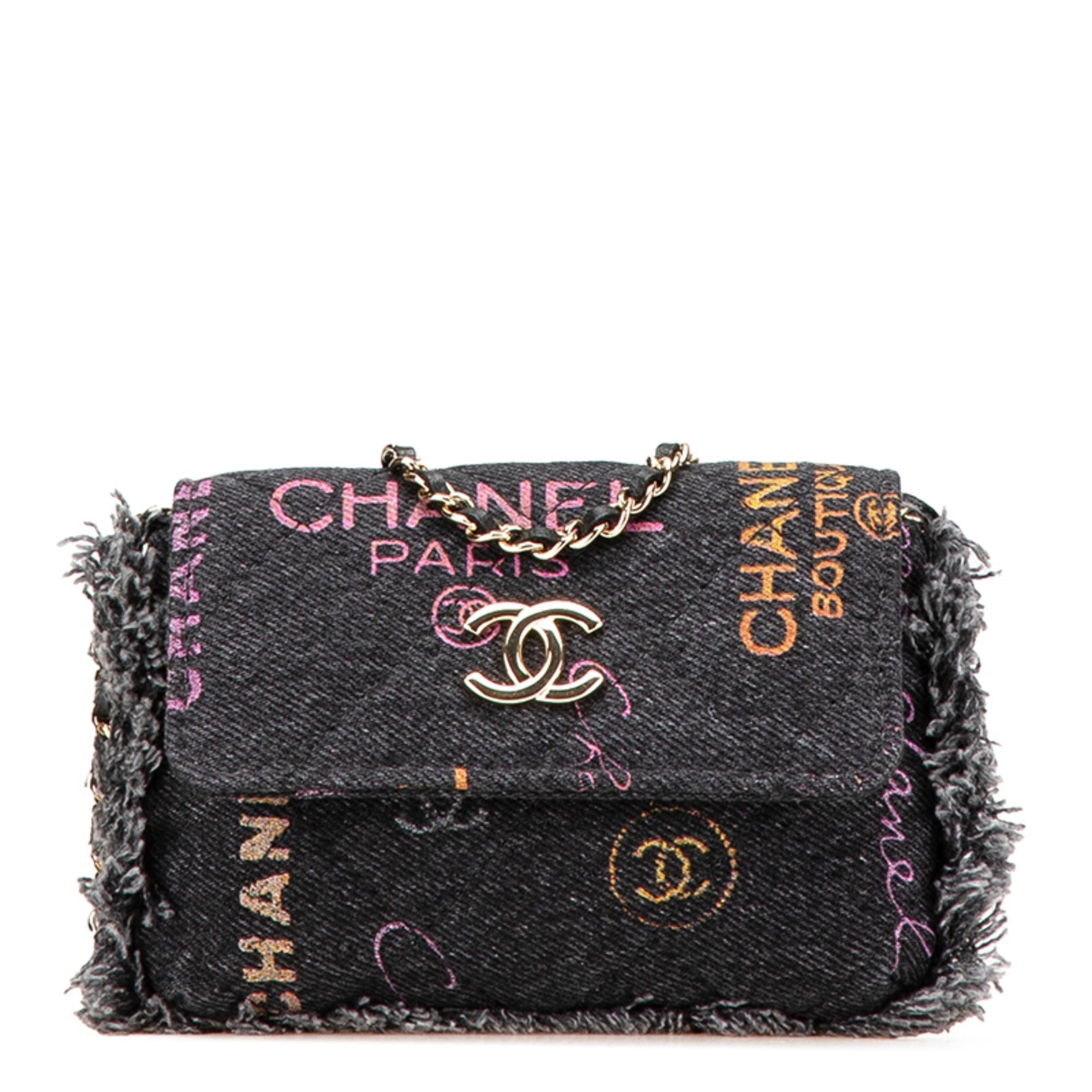 Chanel Matelasse Coco Mark Fringe Crossbody Chain Shoulder Bag Pochette in Black, Multicolored Denim and Leather