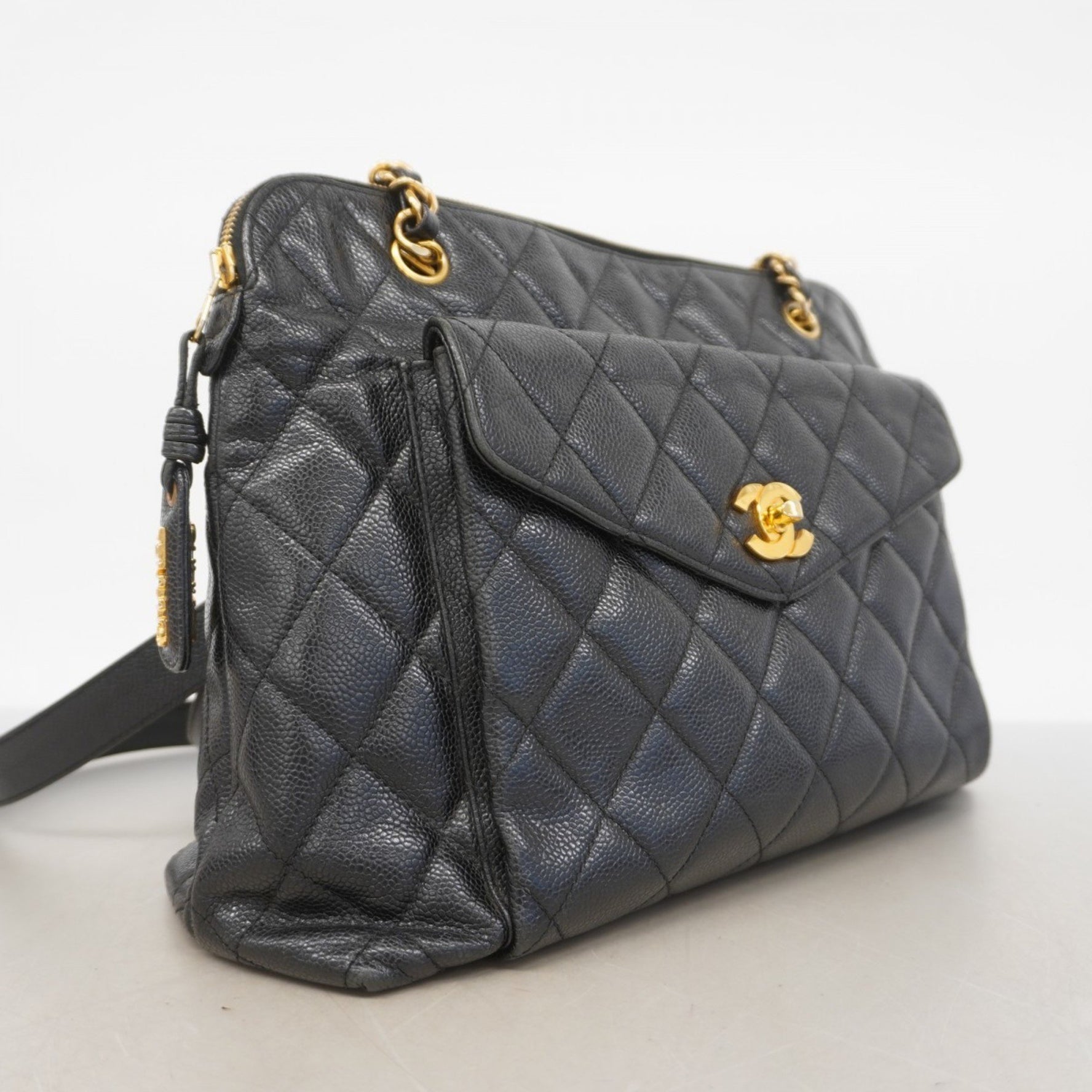 Chanel Matelasse Shoulder Bag with Chain, Caviar Skin, Black, Women's