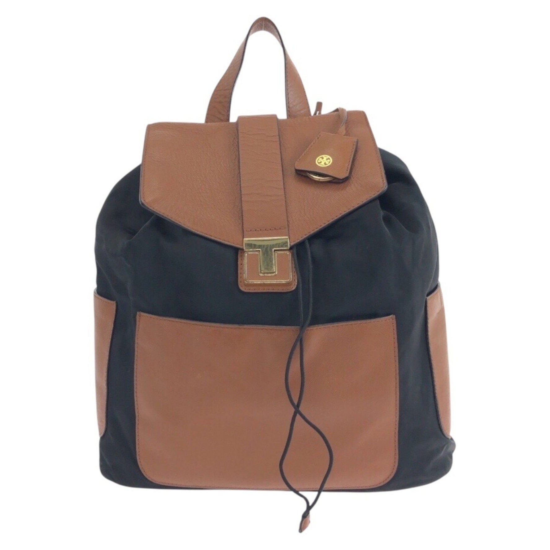 Tory Burch Black Brown Gold Hardware Nylon Leather 0913 Backpack