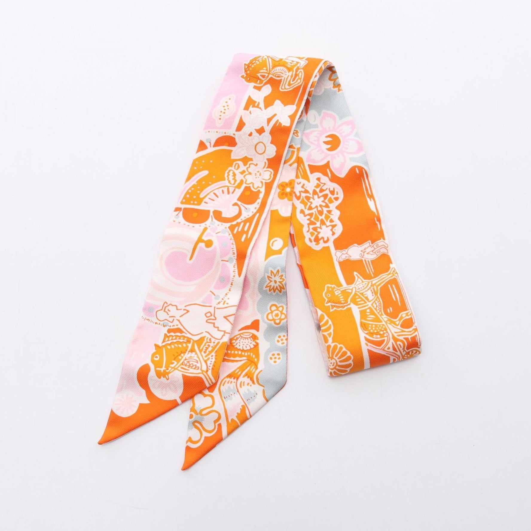 Hermes Twilly BINGATA Scarf Silk Orange Pink Multicolor