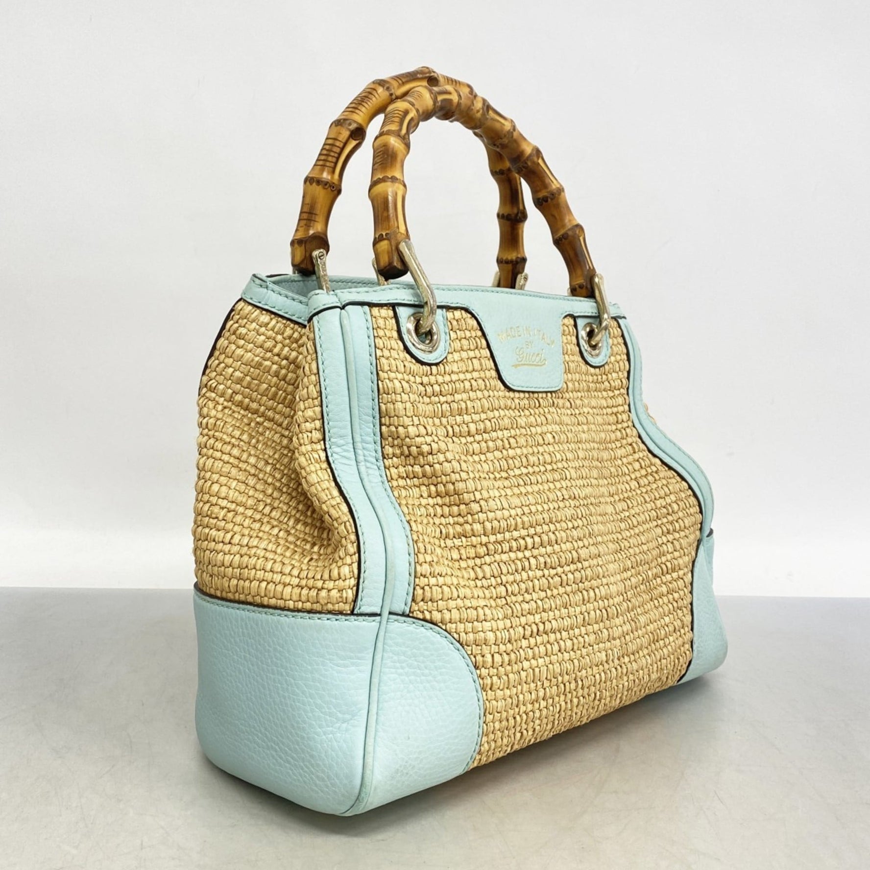 Gucci Handbag Straw Beige Blue Champagne Bag