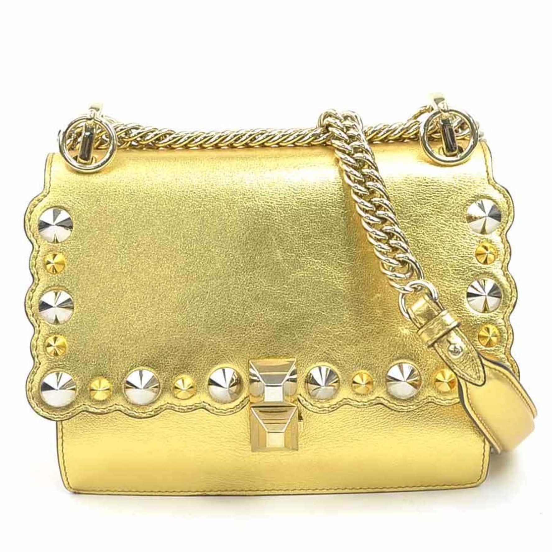 Fendi Mini Canai Shoulder Bag, Leather, Metal, Gold, Silver
