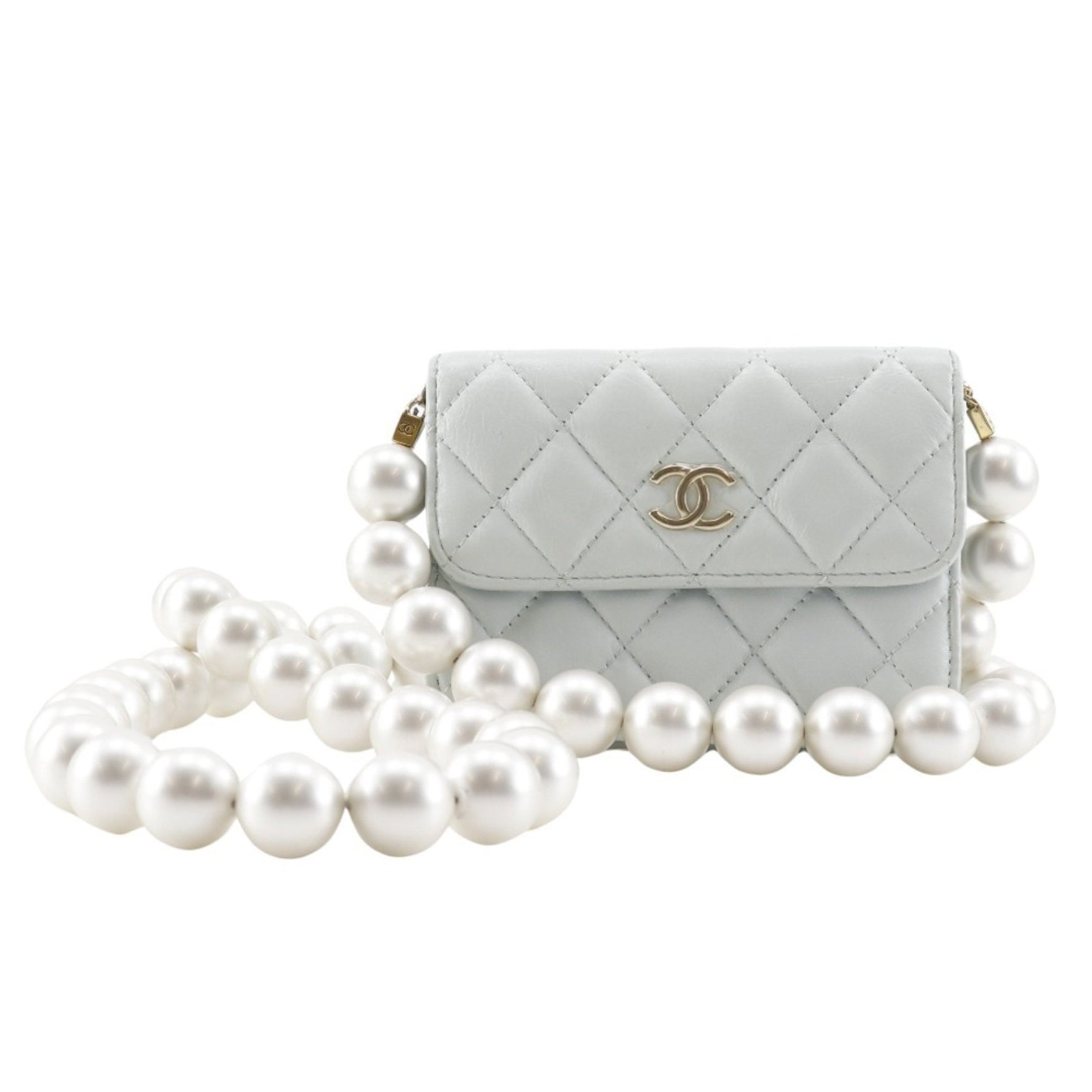 CHANEL Pearl Strap Flap Wallet Shoulder Bag Matelasse Leather and Faux Light Blue Magnetic Attachment