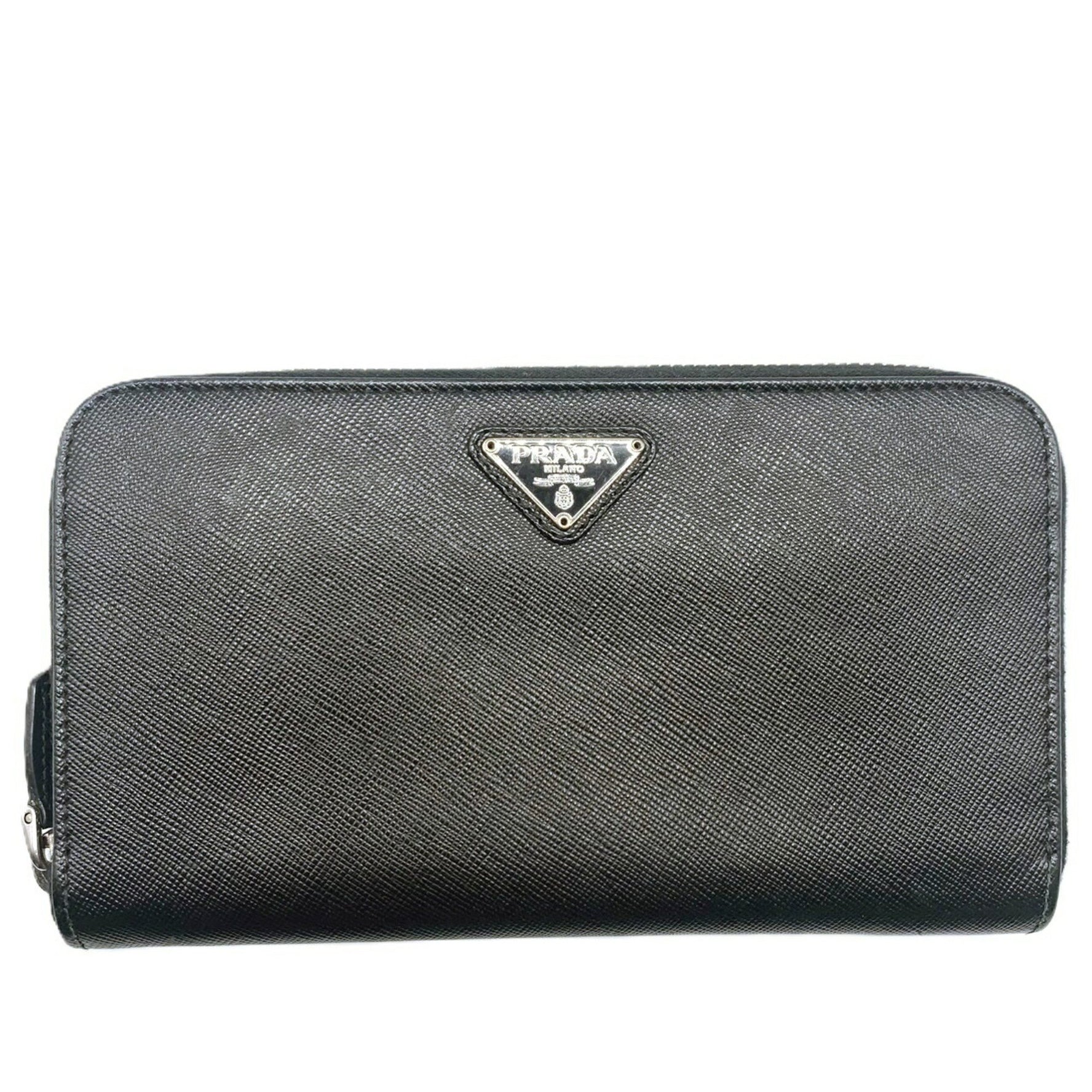 Prada Round Long Wallet 1ML506 Black Leather Triangle Women's PRADA