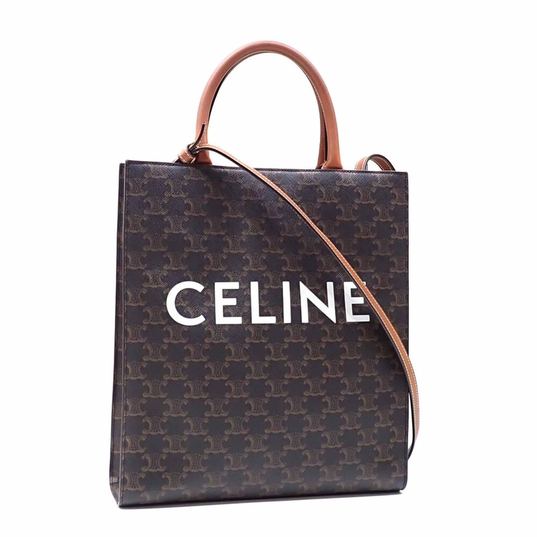 Celine Small Vertical Cabas Handbag, Tan Triomphe Canvas and Calfskin, Shoulder Bag