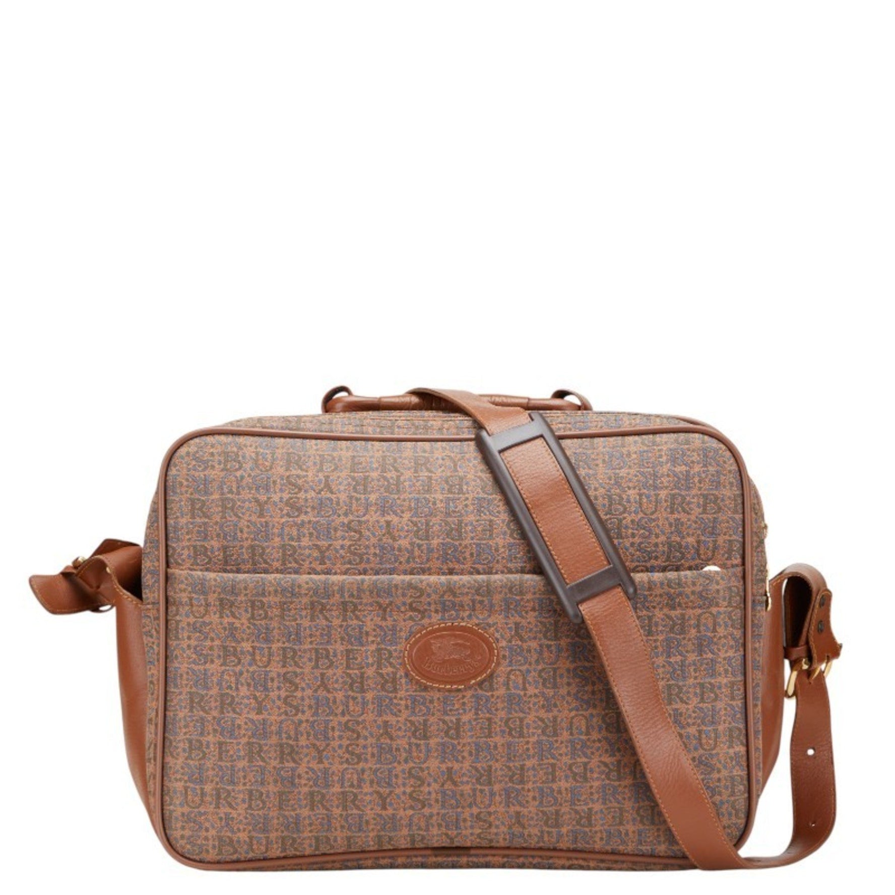 Burberry logo handbag/shoulder bag in brown and blue canvas leather for women.