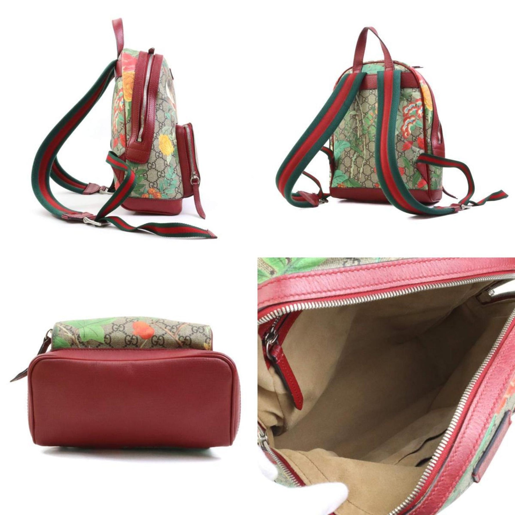 Gucci GG Supreme Canvas and Leather Backpack in Beige, Brown, Red, Multicolor