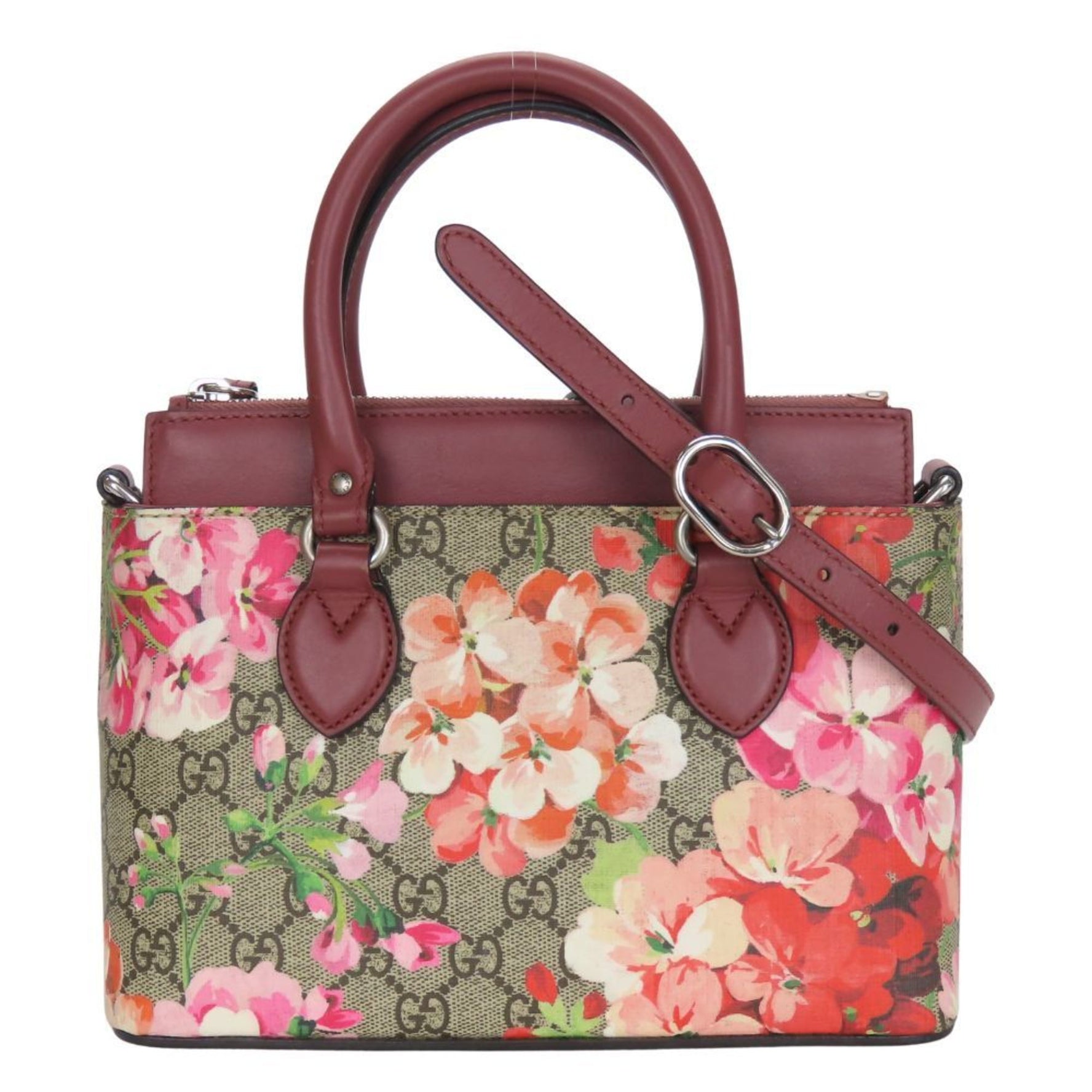 Gucci handbag GG Blooms Mini Supreme canvas beige red pink flower