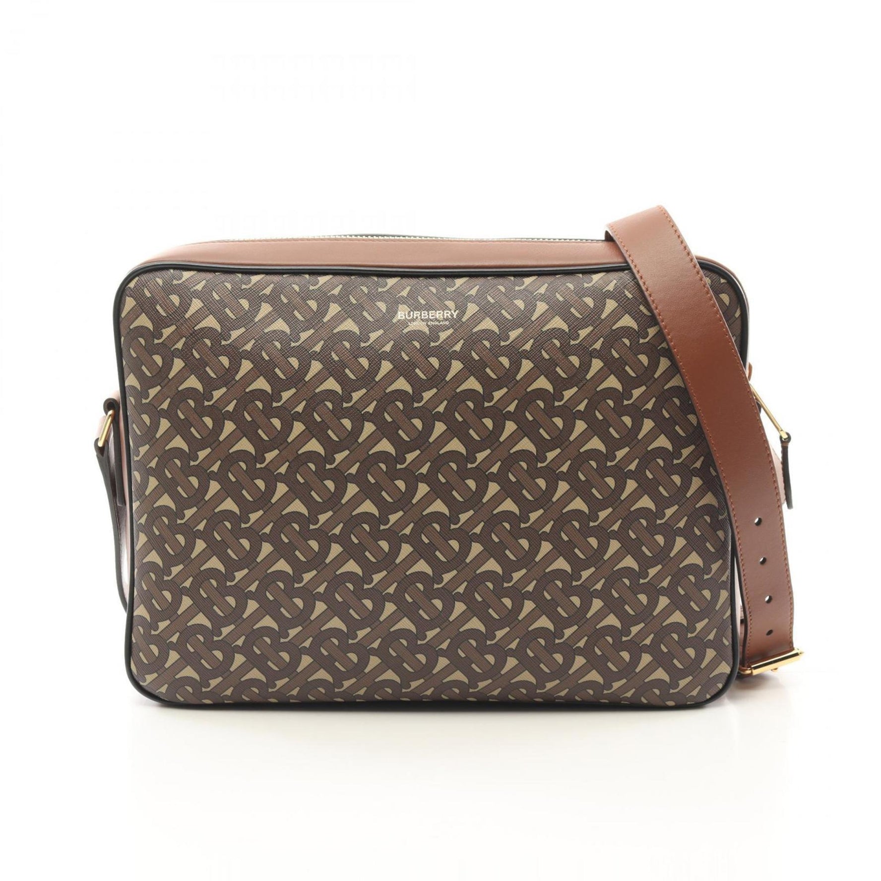 Burberry TB Monogram Shoulder Bag Coated Canvas Leather Men's Women's Beige Brown