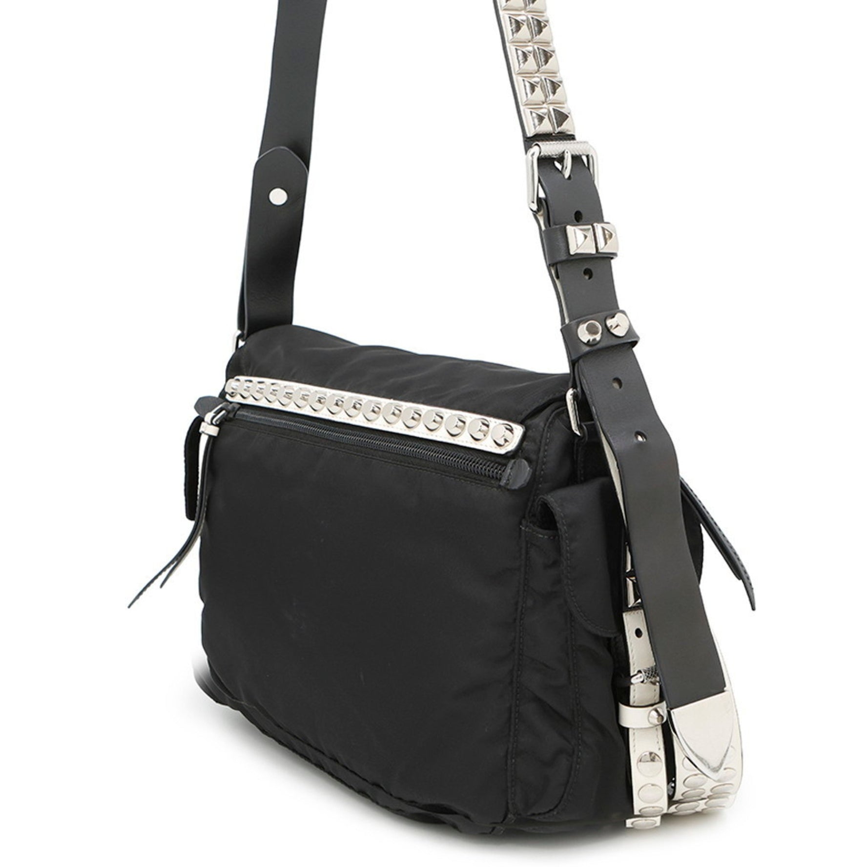 Prada Studded Nylon and Leather Shoulder Bag 1BD118 PRADA Black