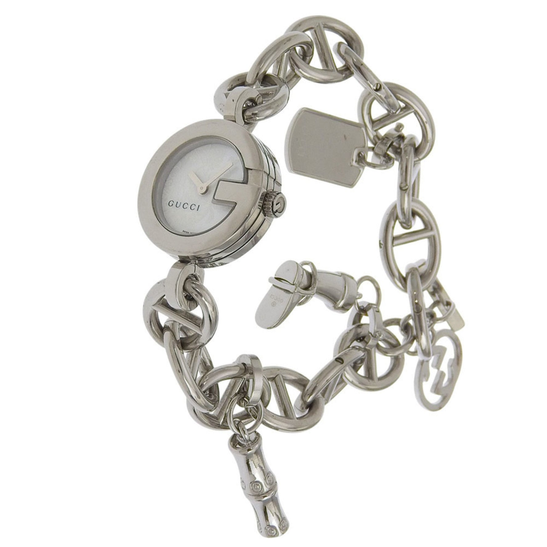 Gucci G Charm Bracelet Watch, 107 Stainless Steel, Quartz Movement, Analog Display, White Shell Dial
